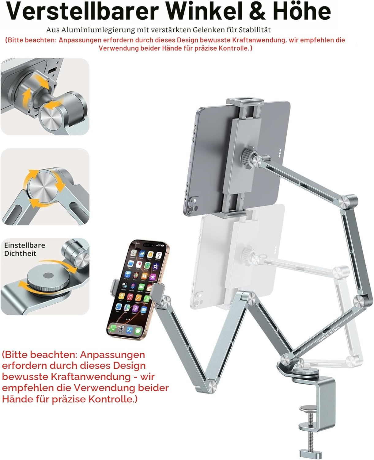 Verstellbarer Tablet- und Handyhalter mit Klemme und Gelenkarmen.