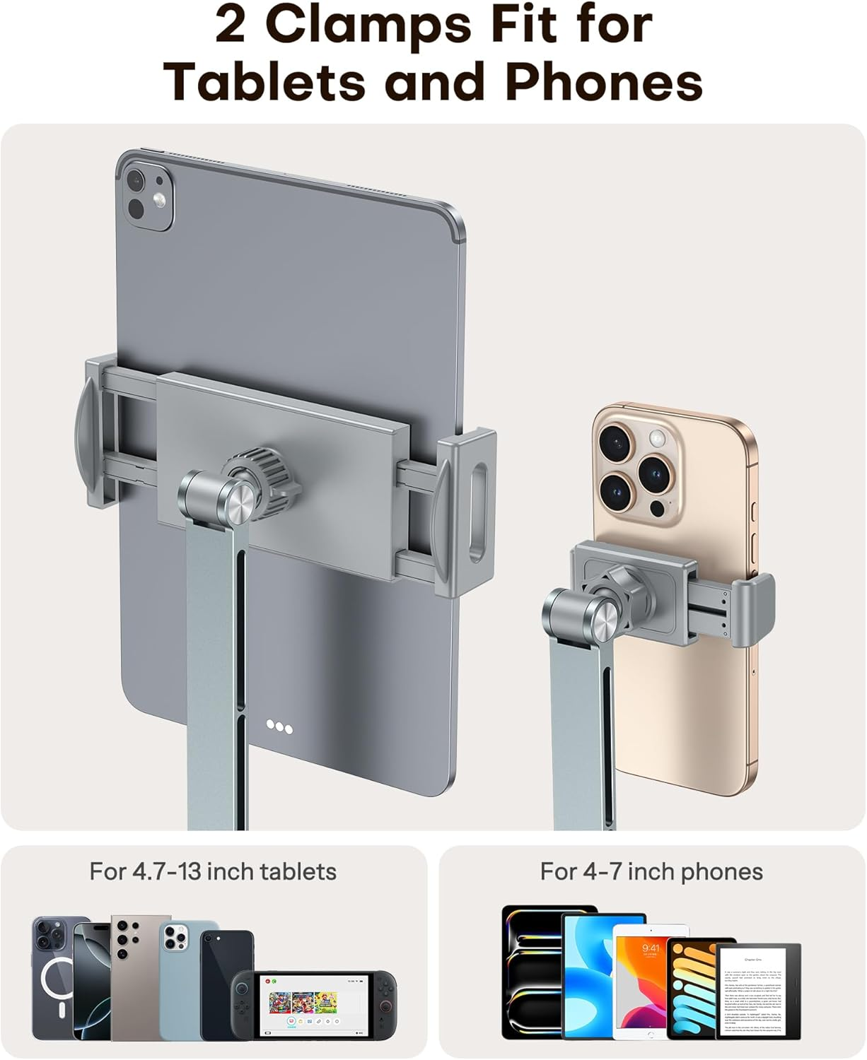 Zwei Klemmen halten ein Tablet und ein Telefon. Unten sind Beispiele für kompatible Geräte.