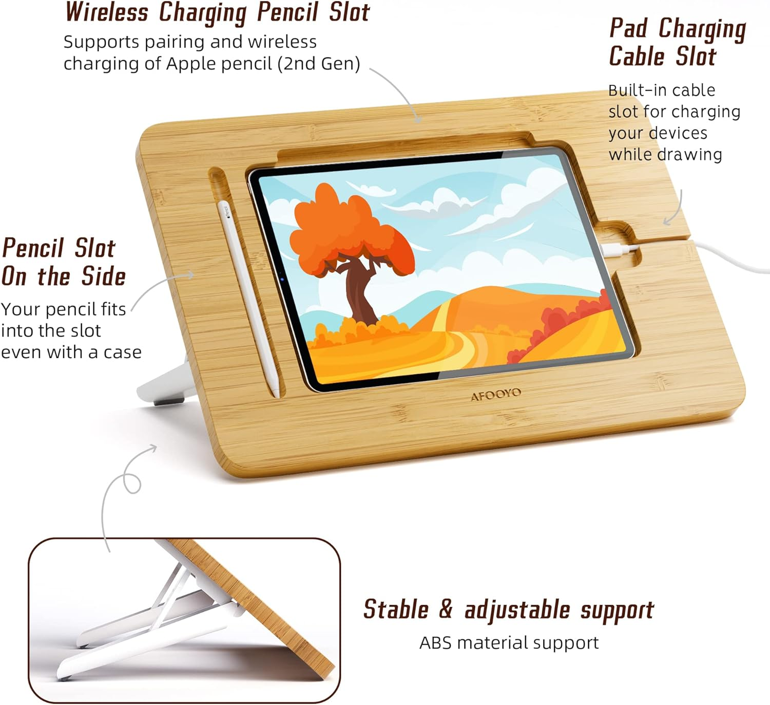 Ein Holzständer für Tablets mit Stift- und Ladeanschluss, zeigt ein Tablet an.