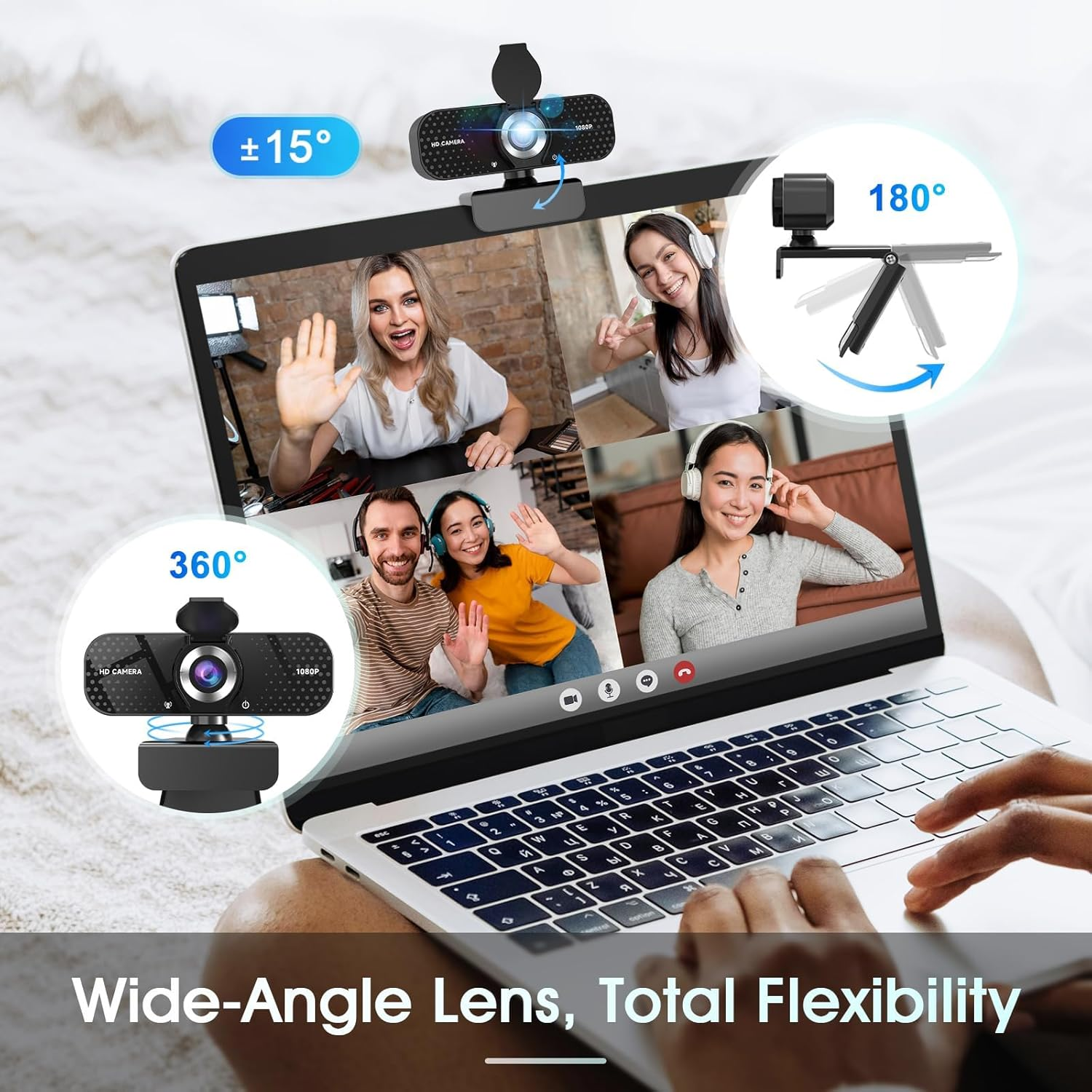 Laptop zeigt einen Videoanruf mit vier Personen. Eine Webcam wird mit 360, 180 und +/-15 Grad Drehung gezeigt.