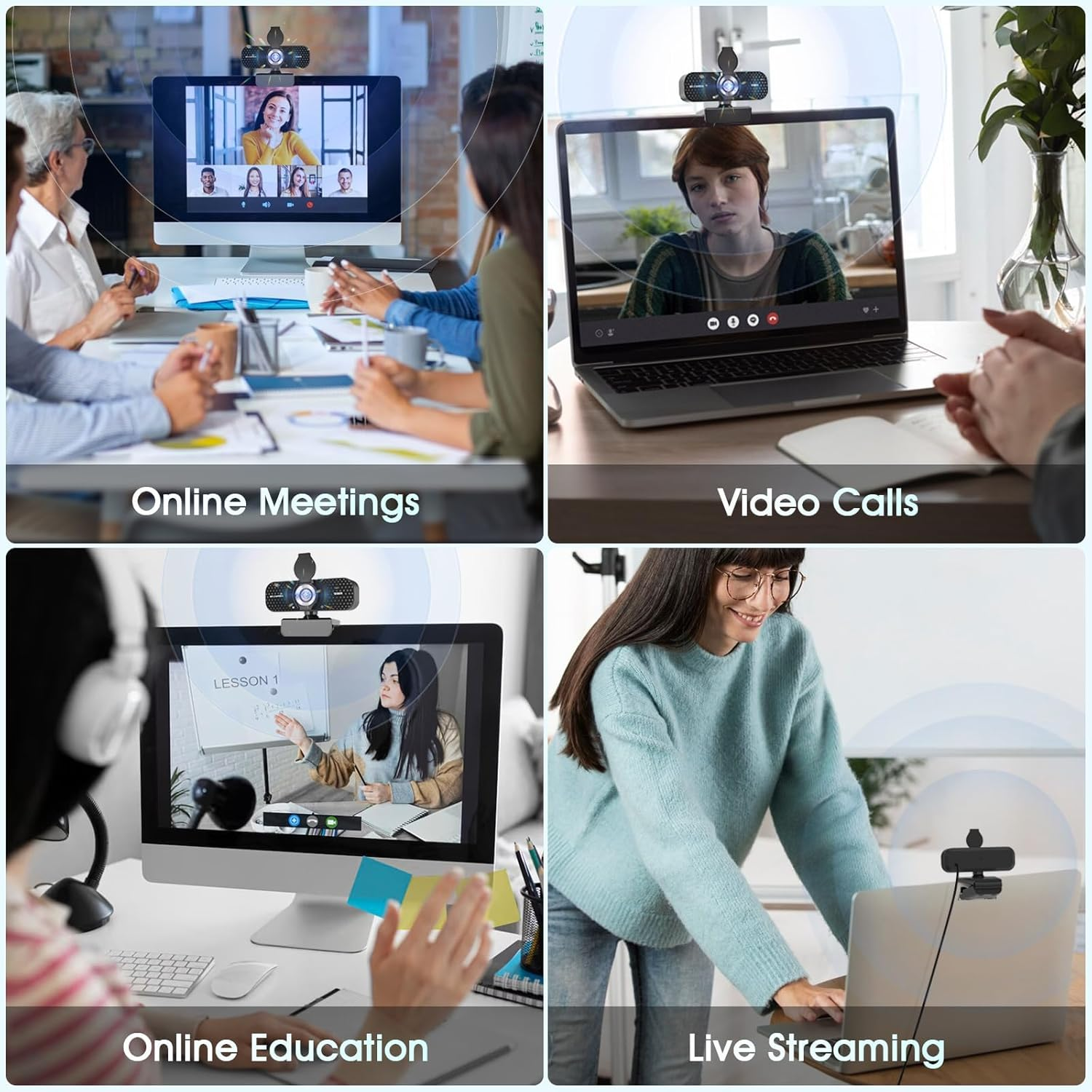 Collage aus vier Szenen: Online-Meetings, Videoanrufe, Online-Bildung und Live-Streaming.
