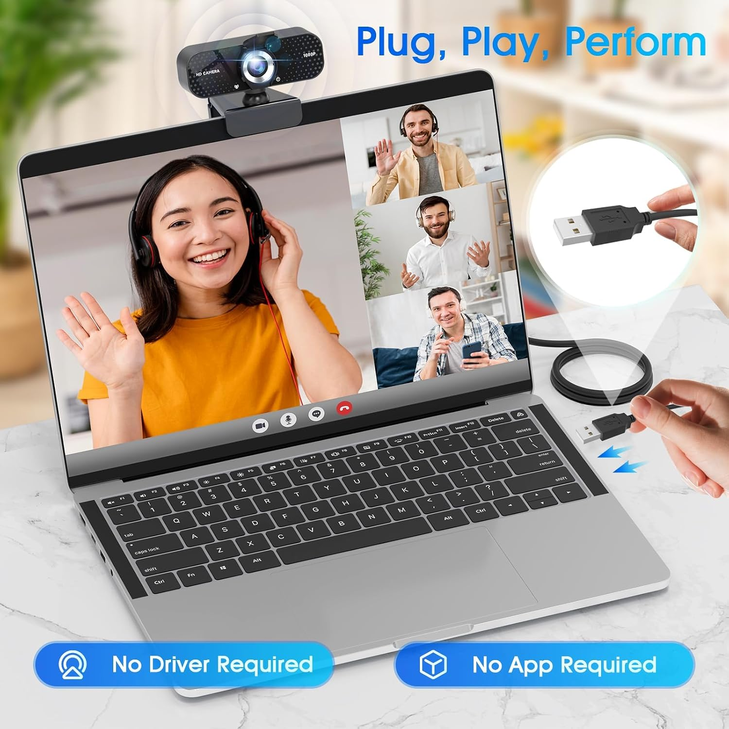 Webcam auf Laptop, drei Personen im Videoanruf, USB-Kabel. Plug, Play, Perform.