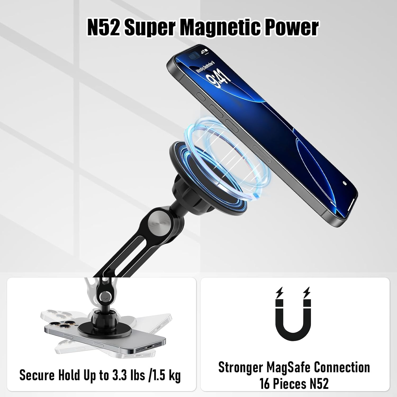 Ein Smartphone wird von einem magnetischen Halter gehalten. Unten: Sicherer Halt und starke MagSafe-Verbindung.
