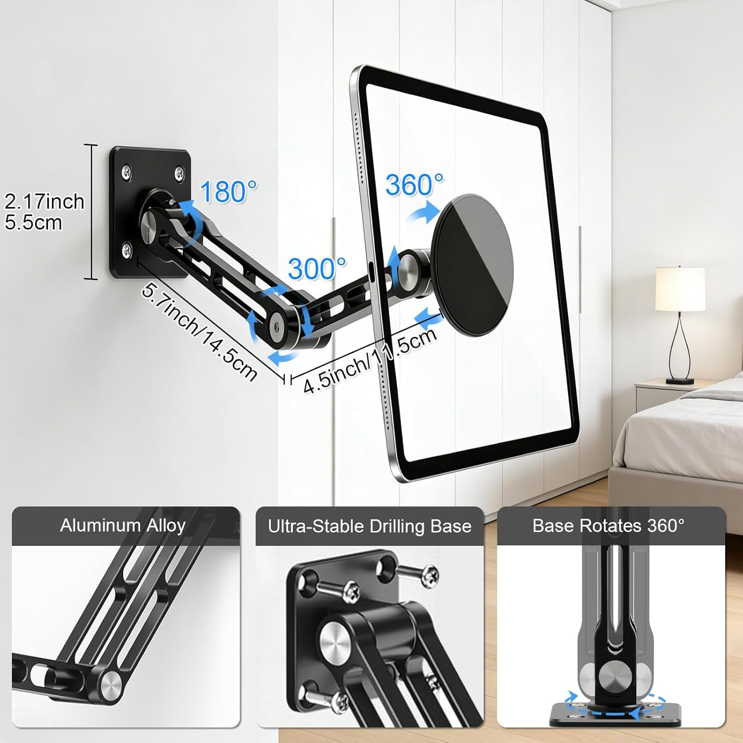 Tablet-Halterung mit verstellbarem Arm und 180°, 300°, 360° Drehung.
