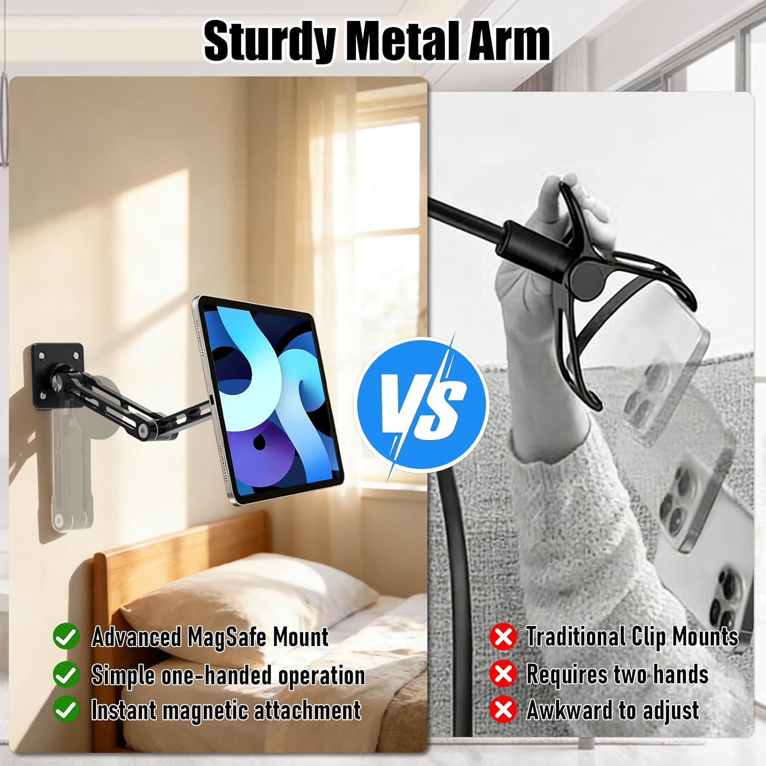 Vergleich einer stabilen Metallarm-Halterung mit MagSafe und einer traditionellen Klemmhalterung.