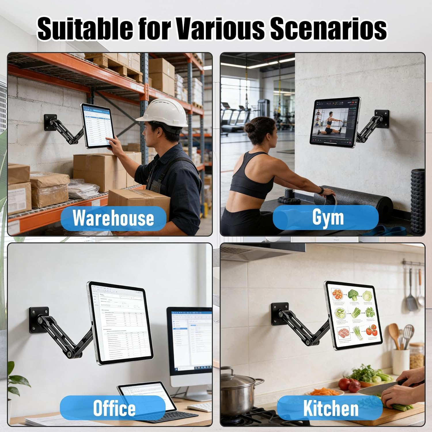 Vier Szenen: Lager, Fitnessstudio, Büro, Küche mit Wandhalterung für Tablets.