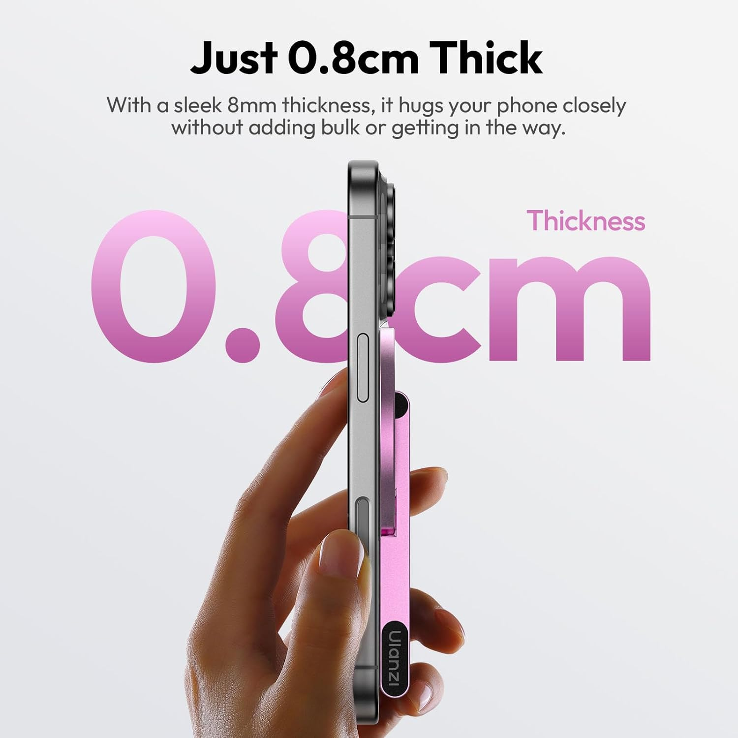 Una mano sostiene un teléfono delgado de 0,8 cm de grosor.