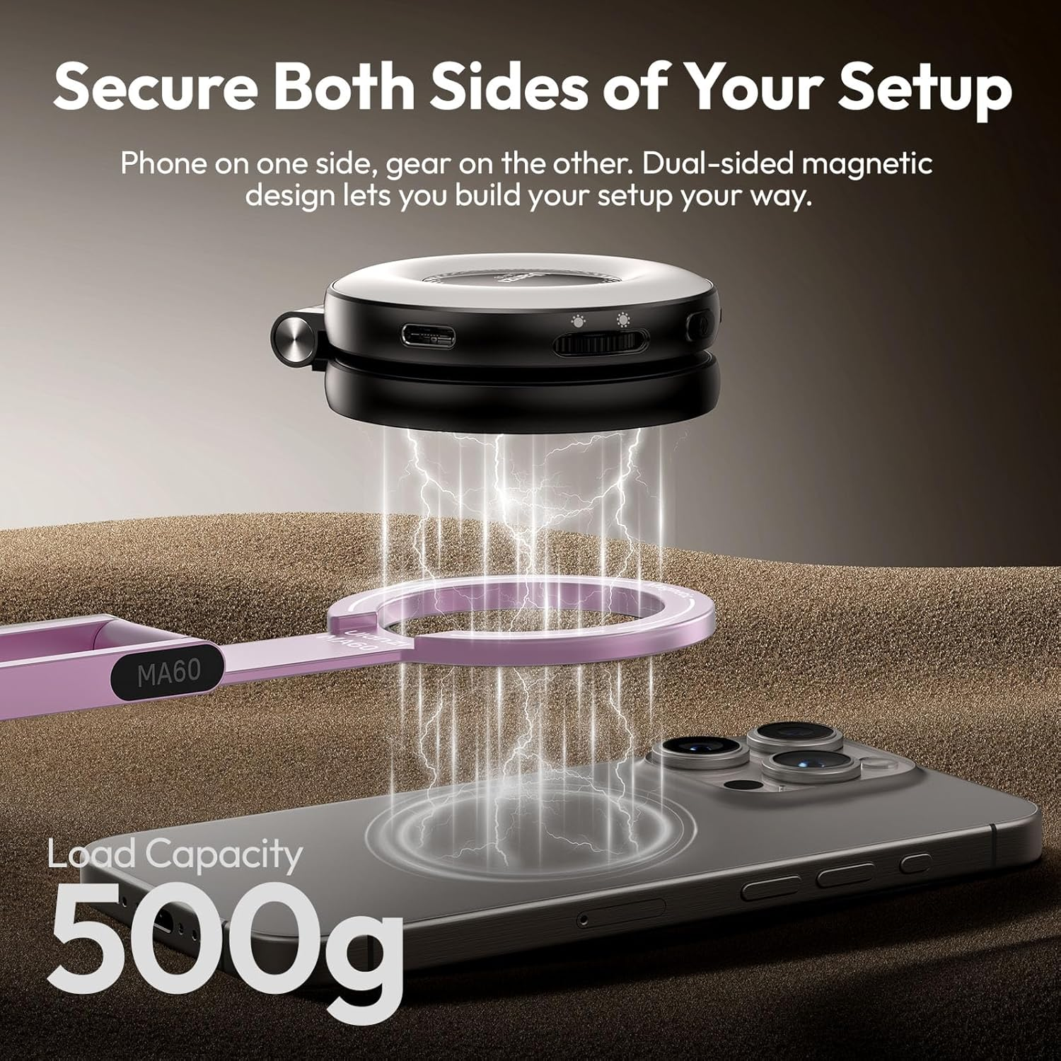 Soporte magnético conecta teléfono y equipo, capacidad 500g.