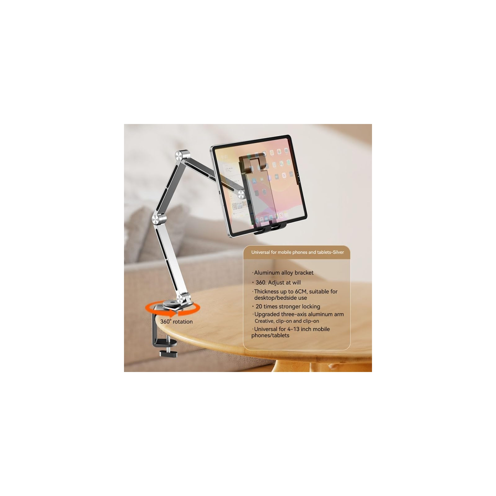 Silberner Handy-/Tablet-Halter mit Klemme, 360° drehbar, aus Aluminium.