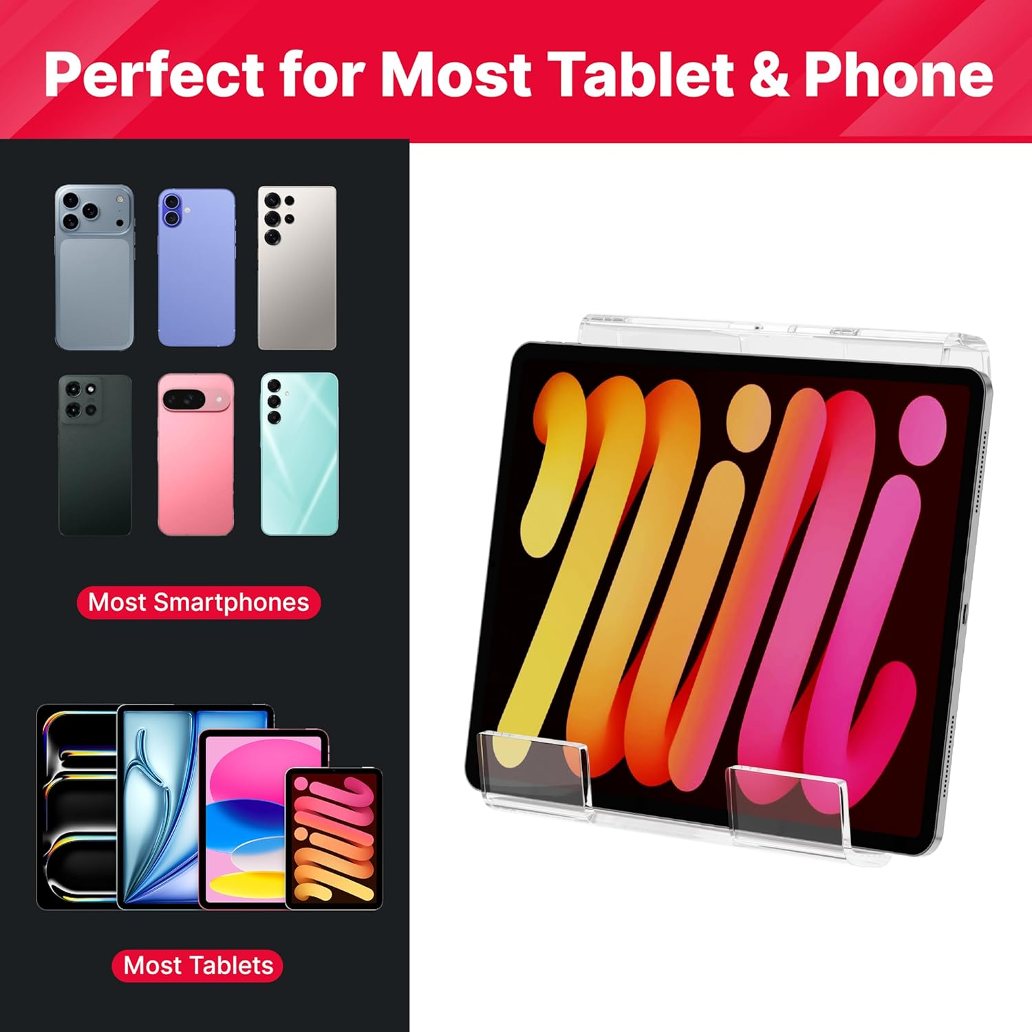Mehrere Smartphones und Tablets werden auf einem Ständer präsentiert.