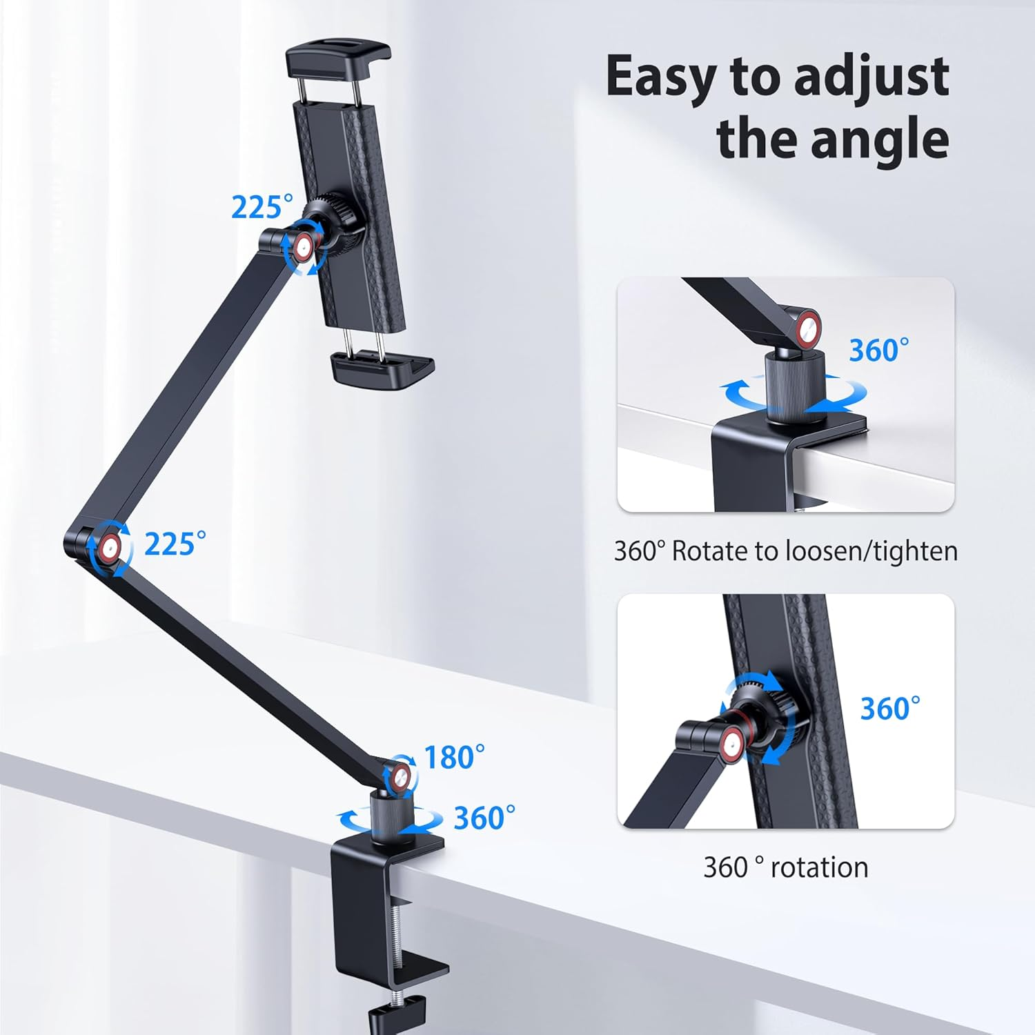 Ein verstellbarer Arm für Tablets mit Klemmbefestigung, der 360° drehbar ist.