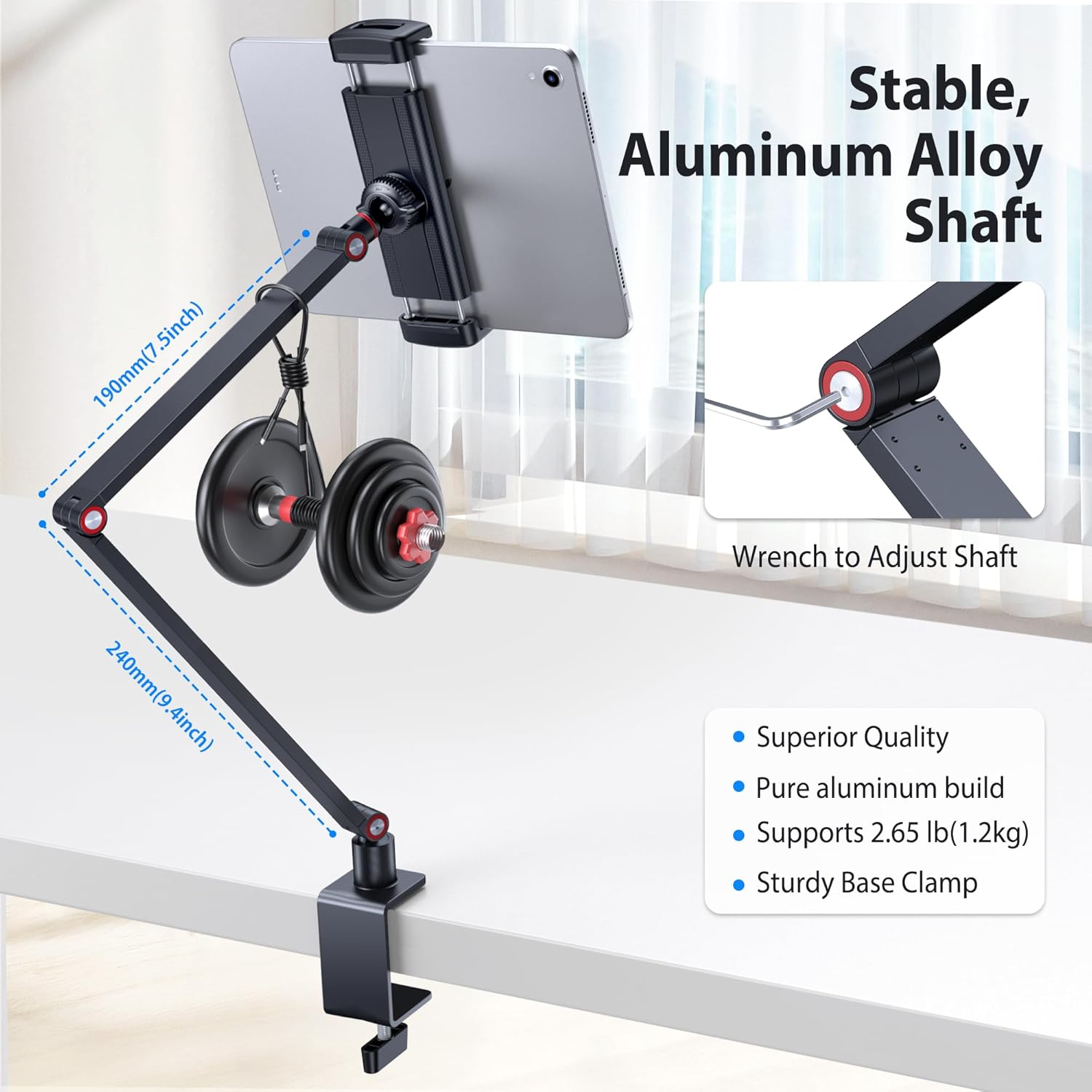 Stabiler Klemmständer für Tablets aus Aluminiumlegierung mit Gewichten zur Stabilisierung.
