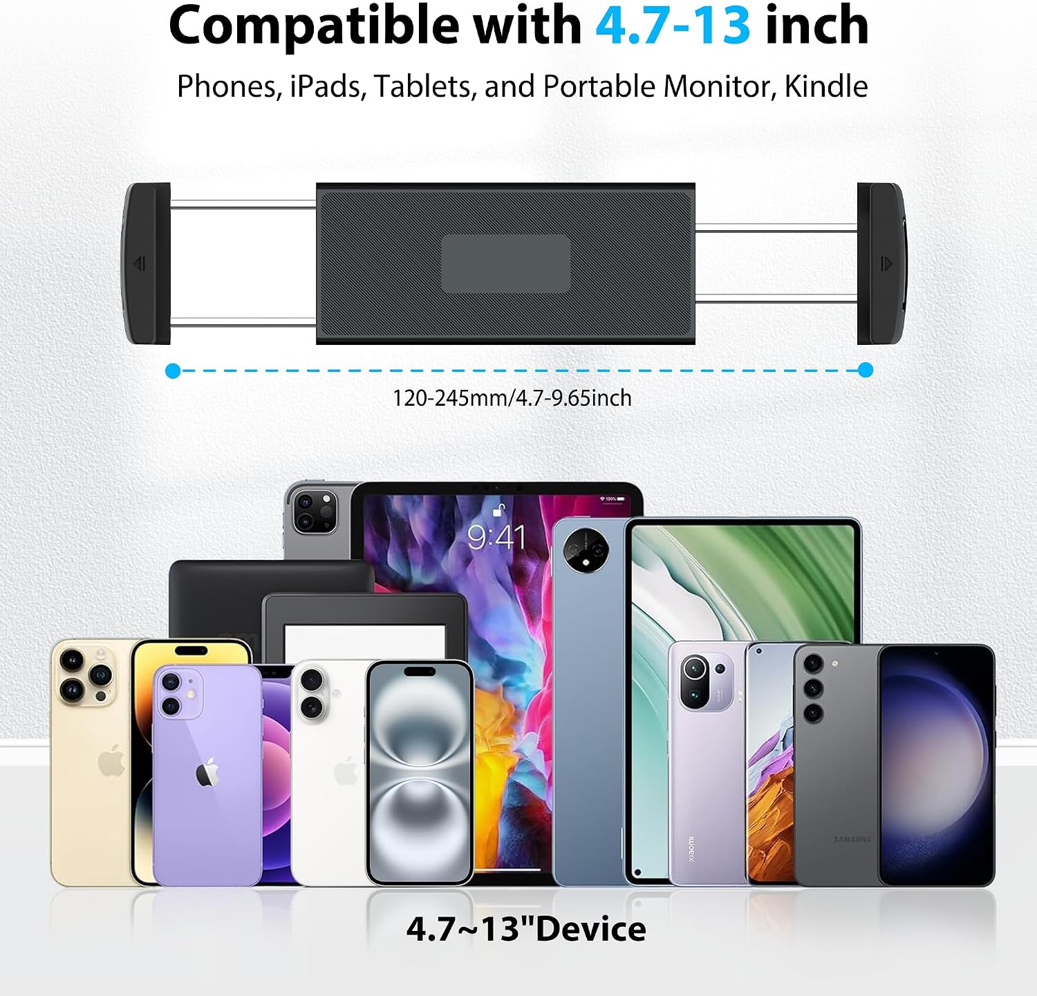 Halterung für Geräte von 4,7-13 Zoll, zeigt verschiedene Smartphones und Tablets.