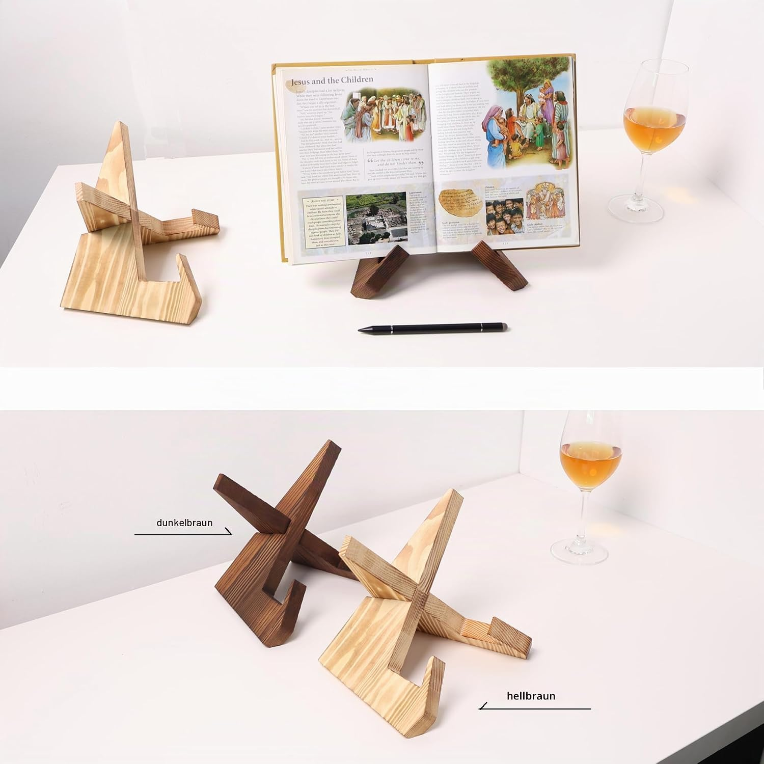 Holzbuchstütze mit offenem Buch und Weinglas auf weißem Tisch.