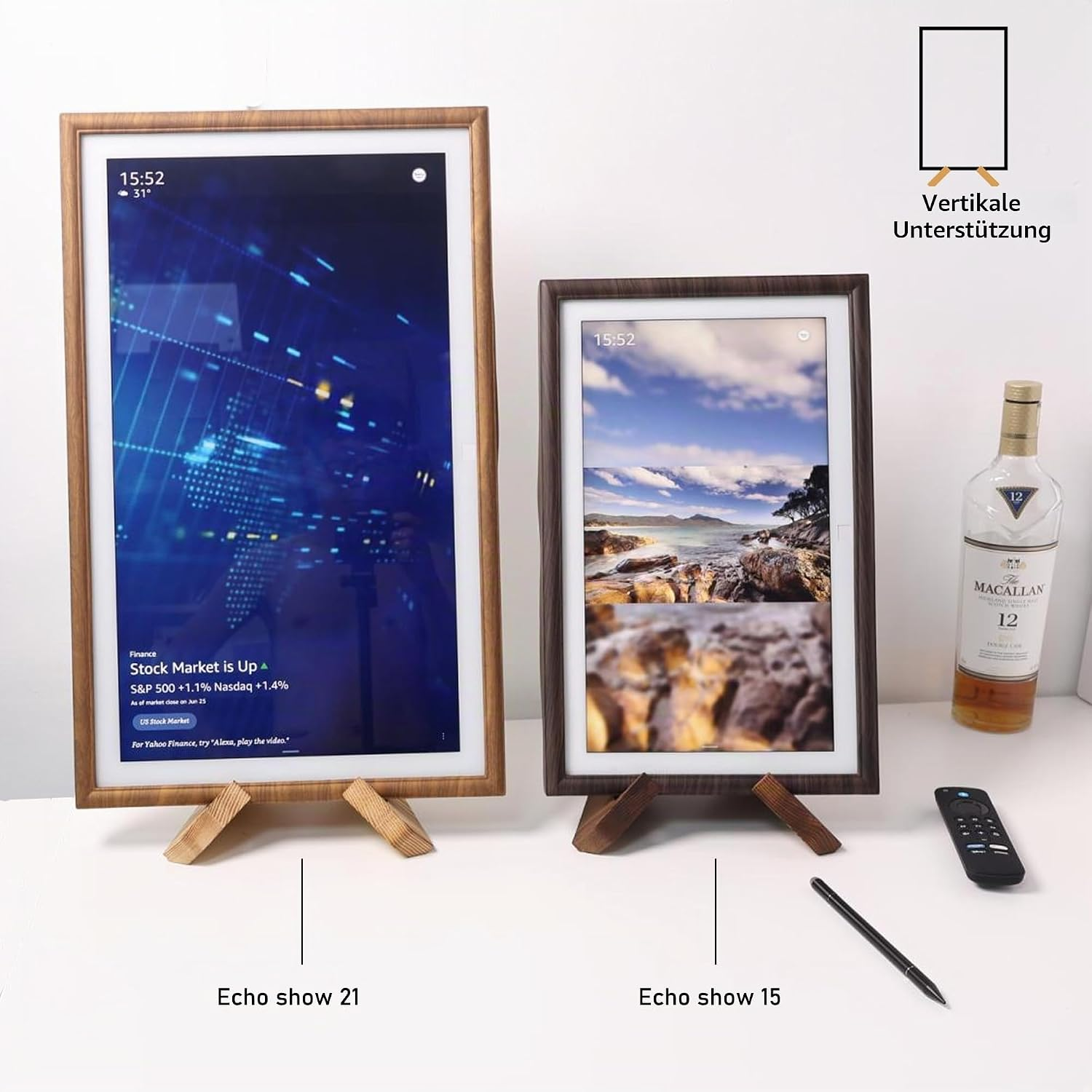 Zwei Echo Shows, eine mit Finanzdaten, eine mit Landschaft.