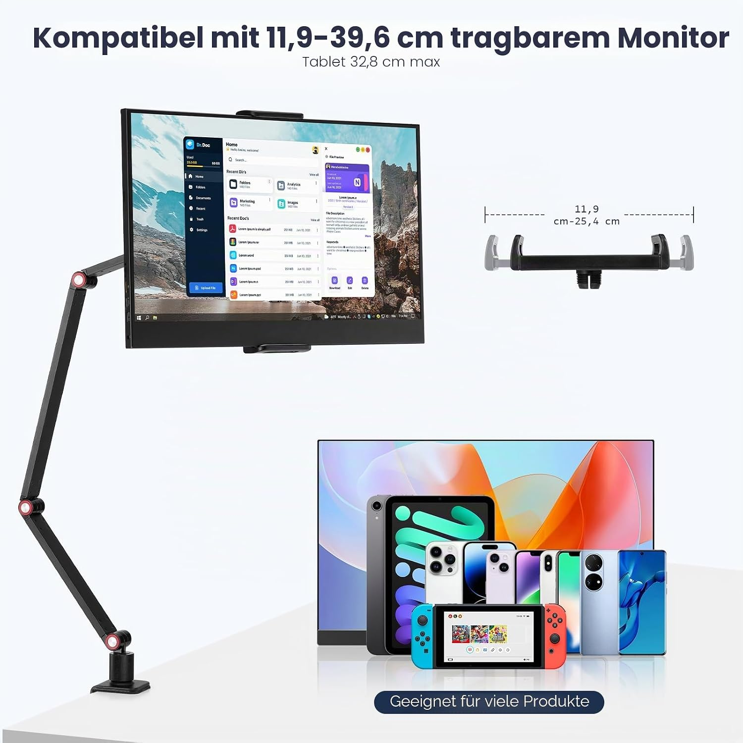 Monitorarm mit Tablet-Halterung und verschiedenen Geräten wie Smartphones und Tablets.