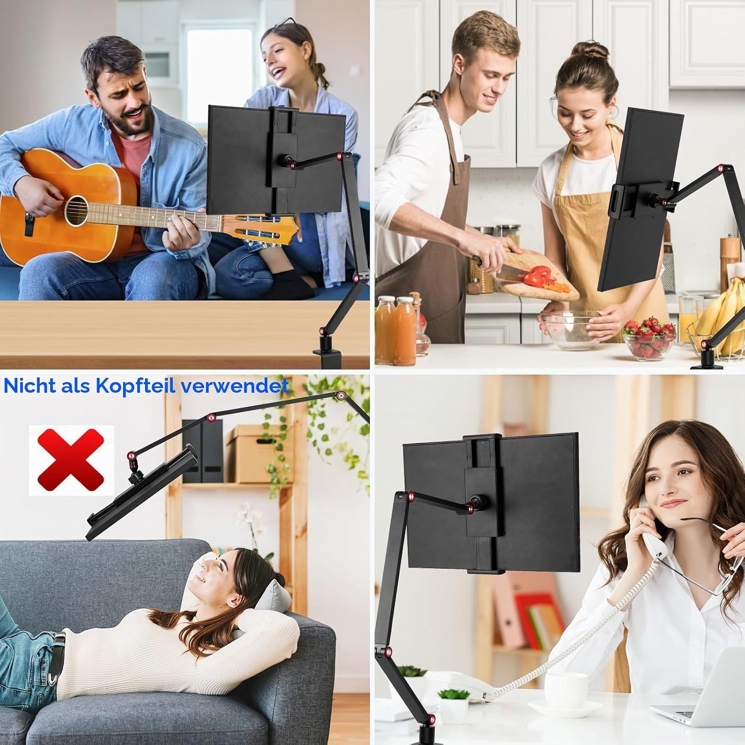 Vier Szenen: Mann spielt Gitarre, Paar kocht, Frau entspannt, Frau telefoniert.