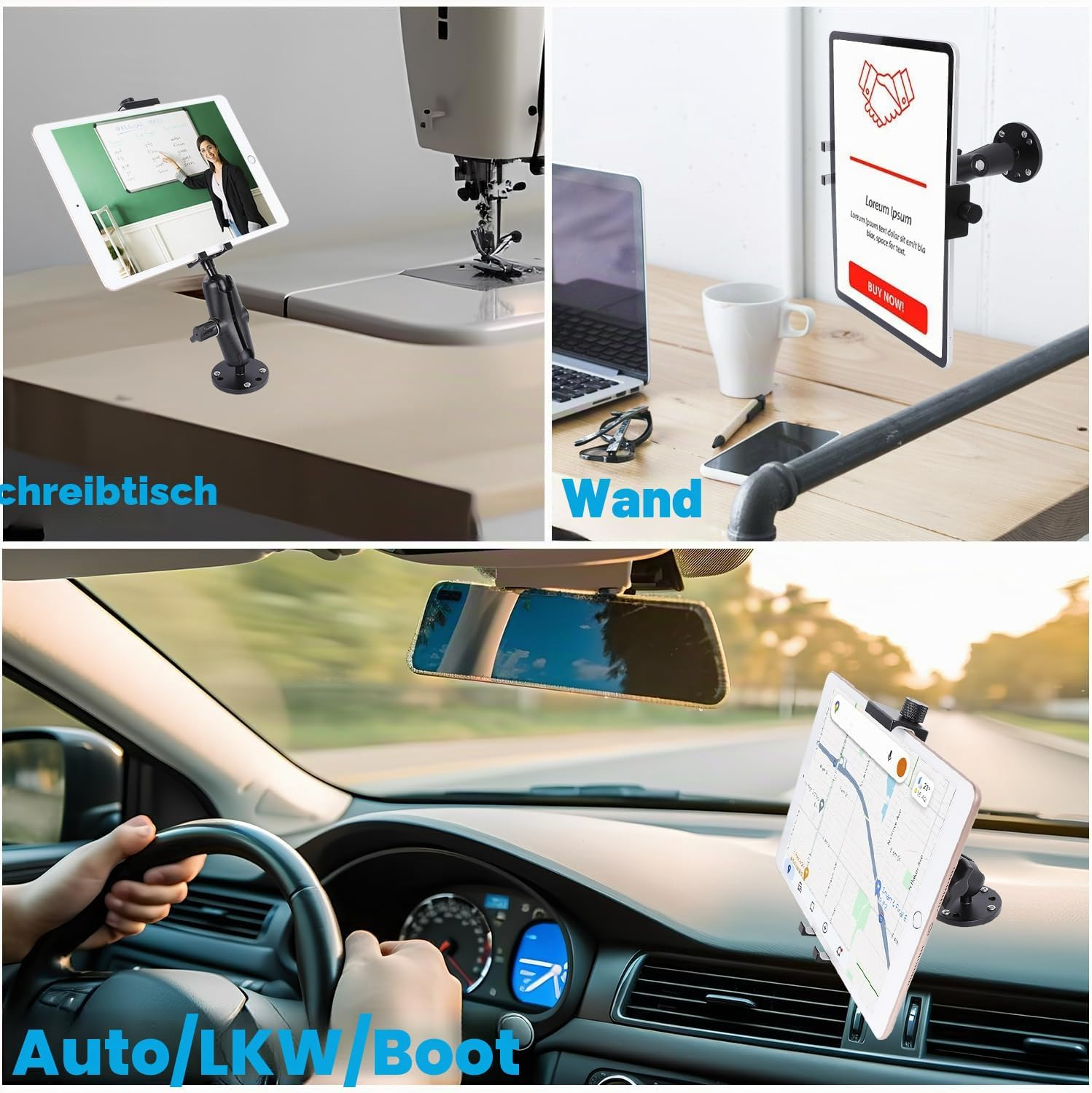 Tablet auf Schreibtisch, Nähmaschine, Tablet an Wand, Laptop, Tasse, Auto-Innenraum mit Tablet.