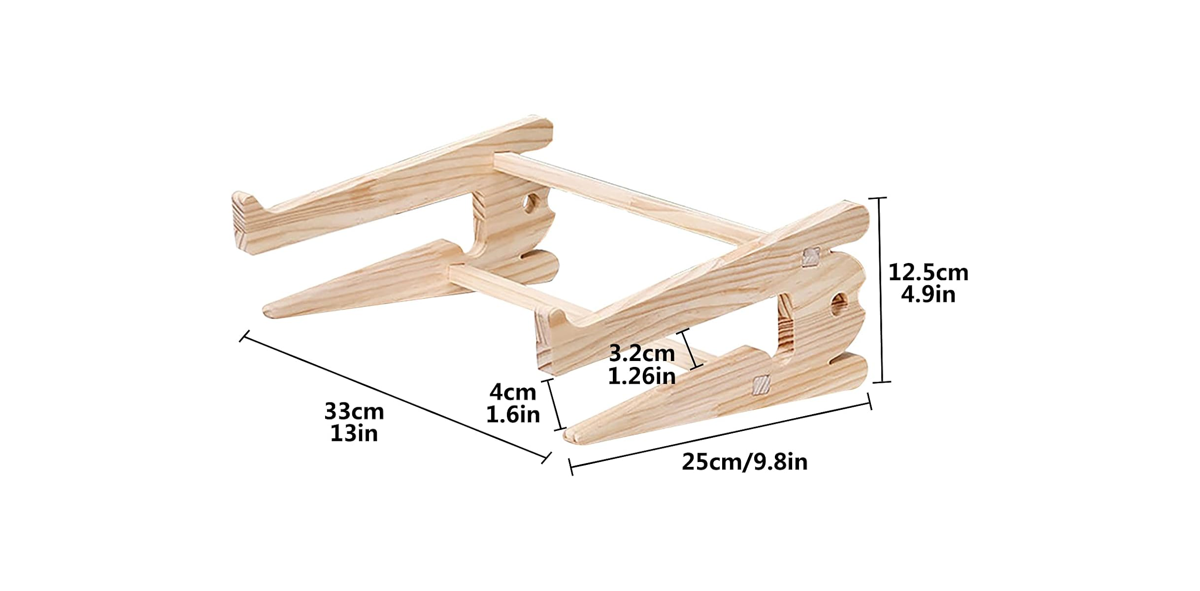 Halterung für Laptops aus Holz mit Maßen. Minimalistisches Design.