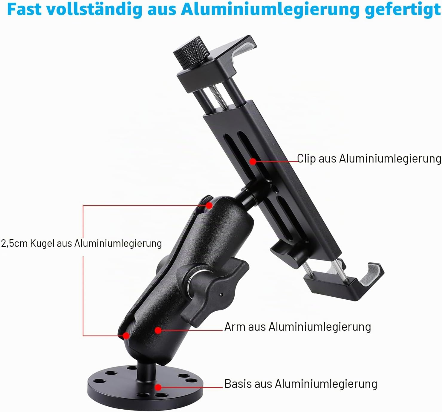 Ein schwarzer Halter mit Aluminiumteilen: Basis, Arm, Kugel und Clip.