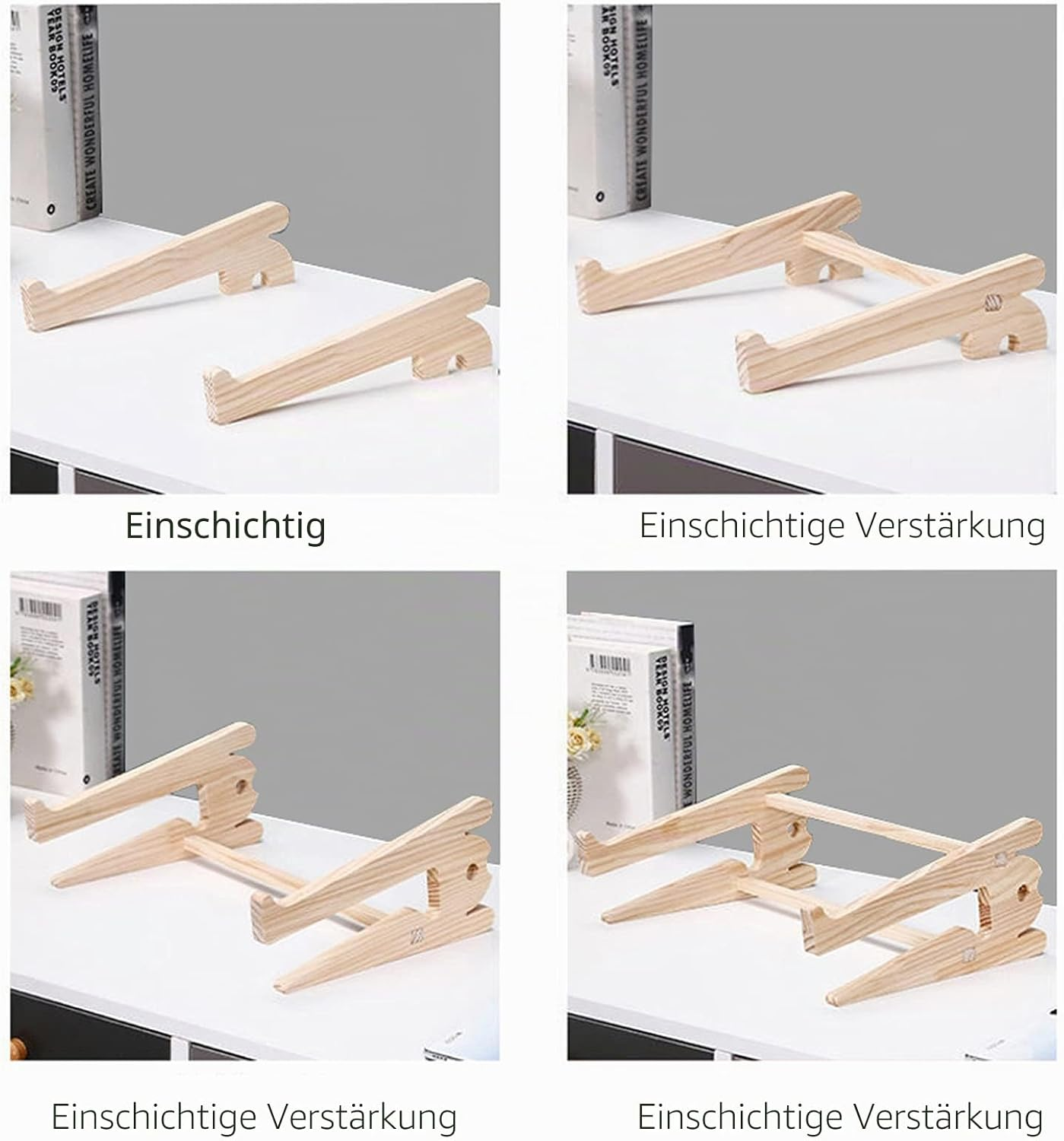 Zwei hölzerne Laptopständer auf einem weißen Tisch, Bücher im Hintergrund.