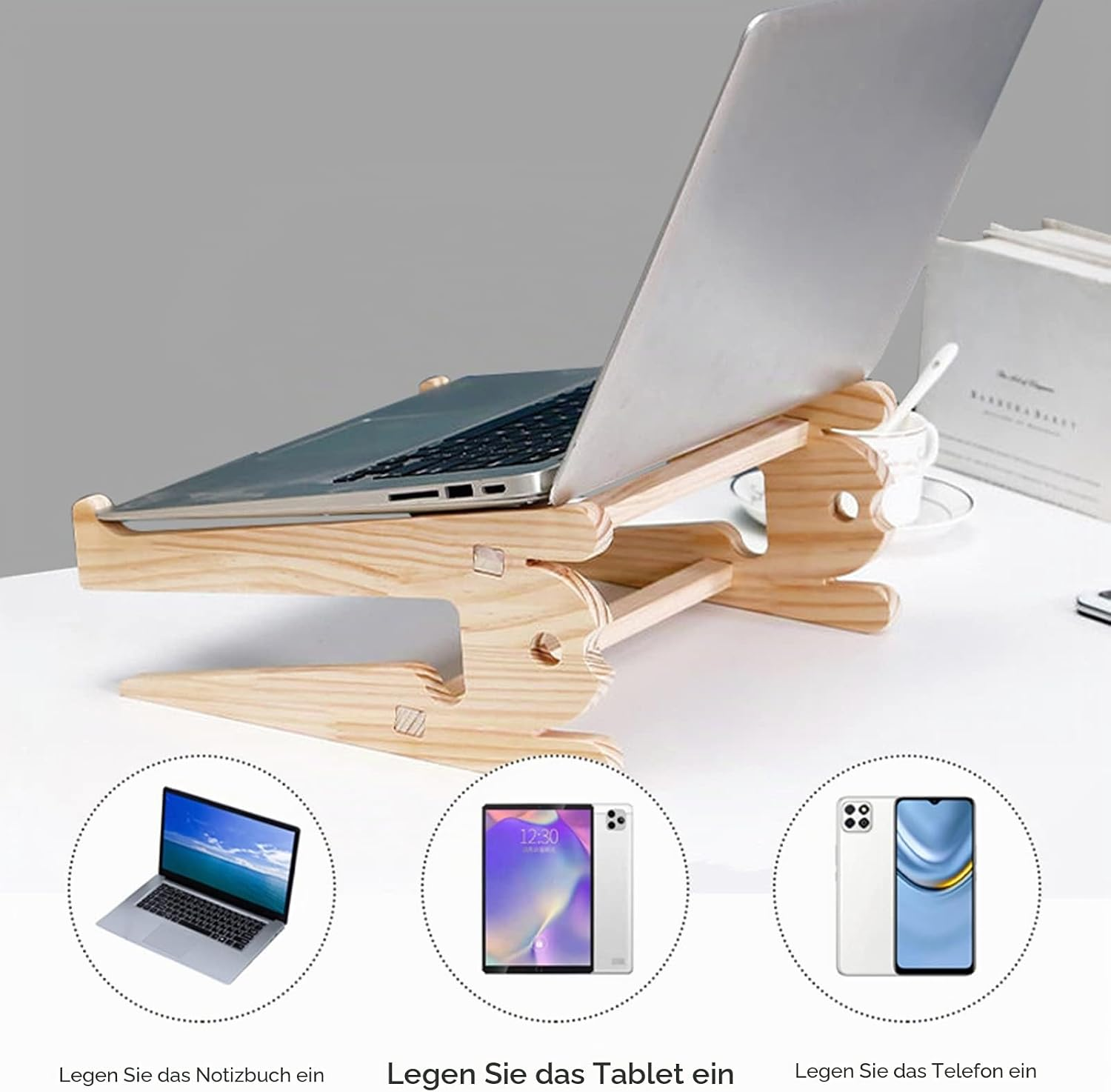 Holz Laptopständer mit Laptop, Tablet und zwei Smartphones.