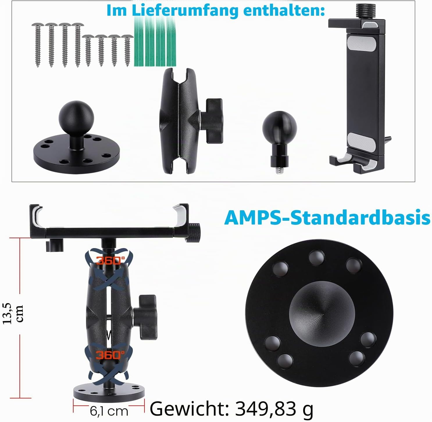 Enthält Schrauben, Halterungen und eine Handyhalterung. Details zur Größe und Gewicht.