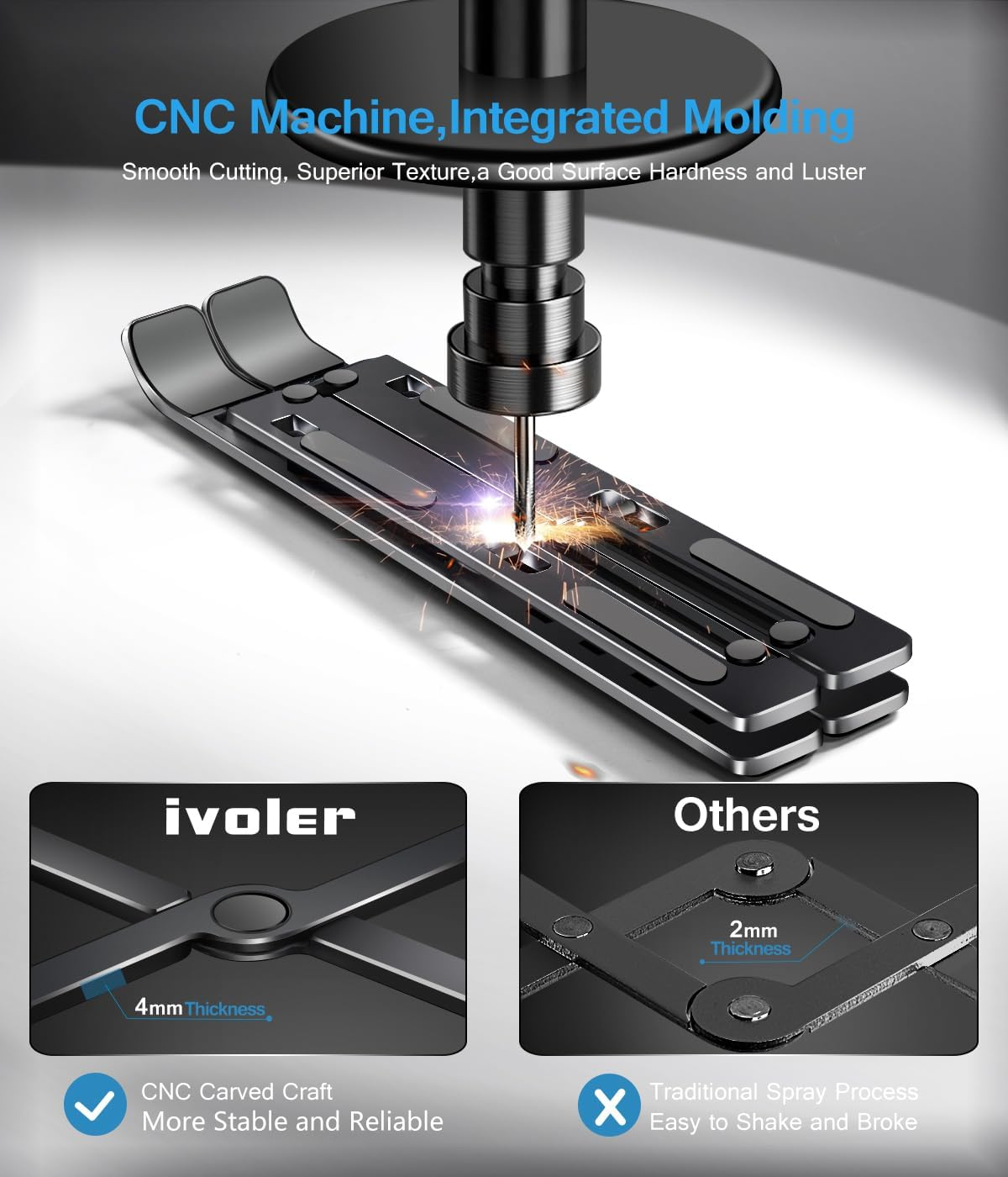 CNC-Maschine bearbeitet ein Laptop-Stativ; Vergleiche von 4mm mit 2mm Dicke.