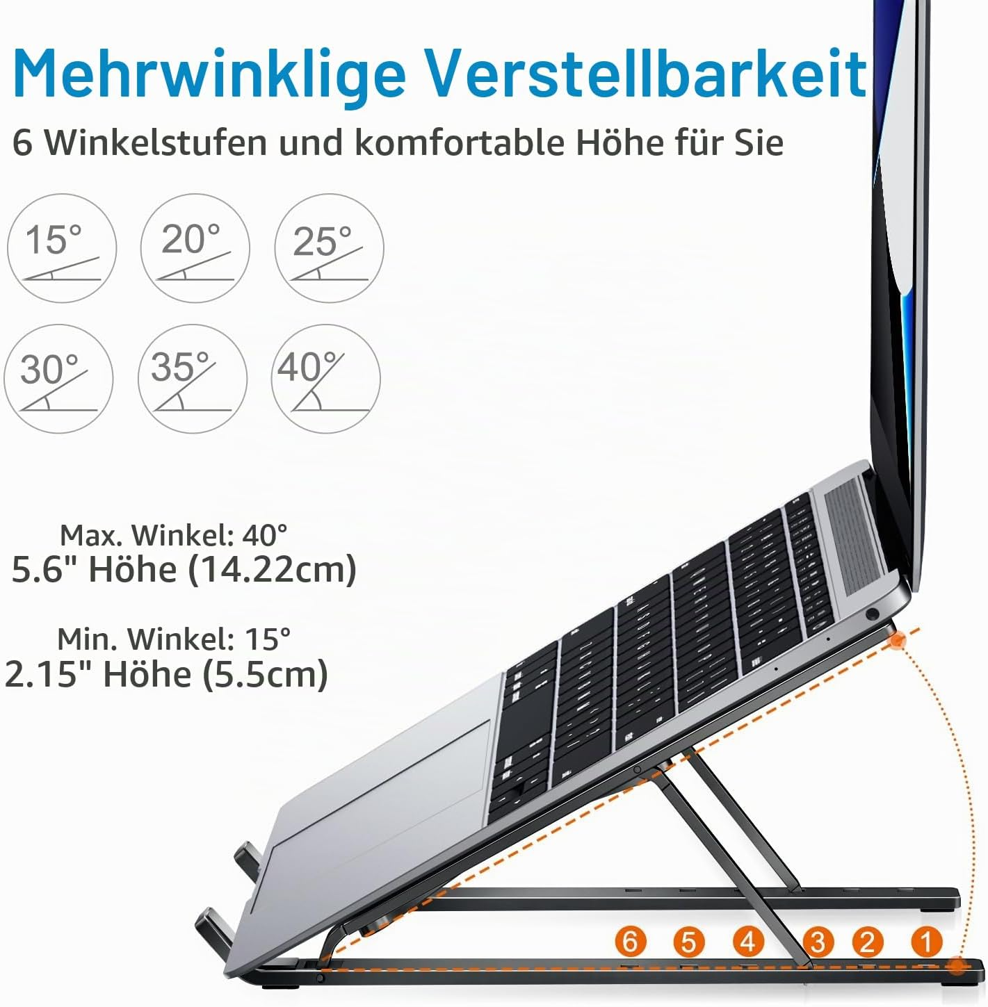 Ein Laptop steht auf einem verstellbaren Ständer mit 6 Winkelstufen.
