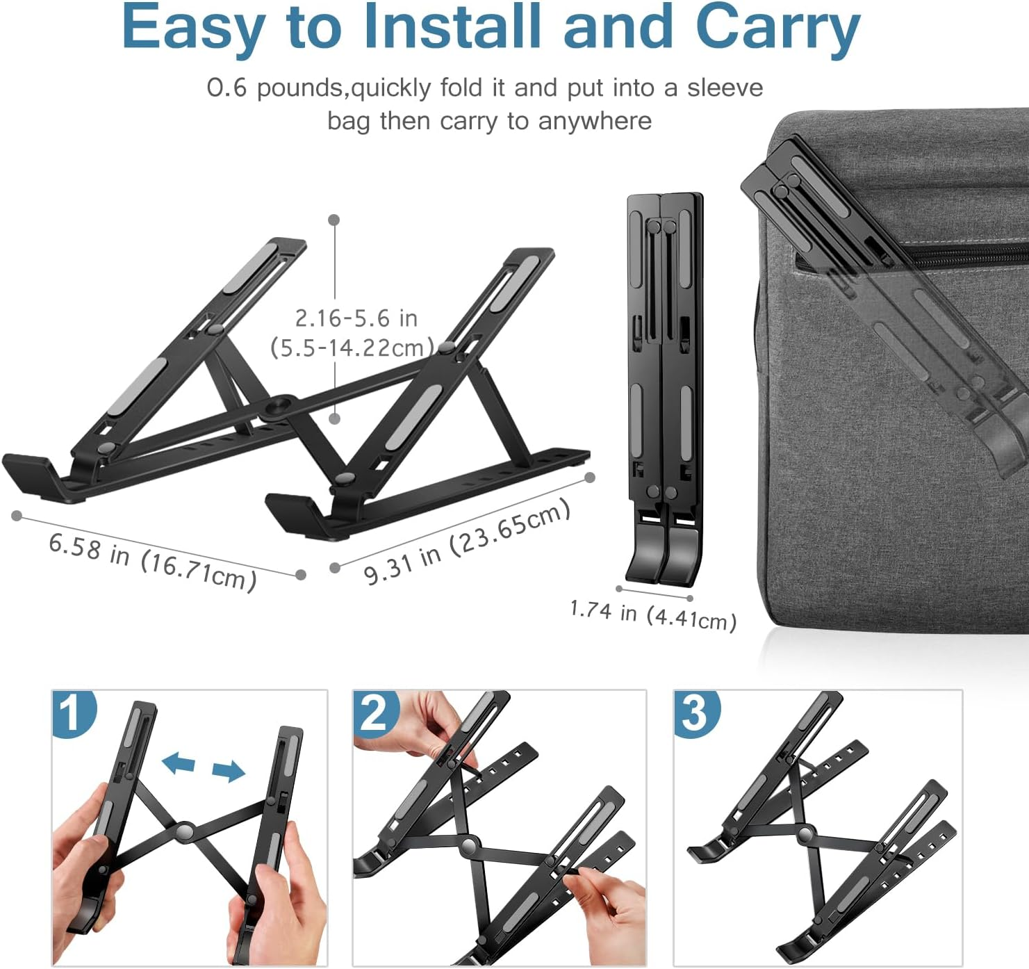Ein schwarzer Laptop-Ständer, zusammenklappbar und in einer Tasche.