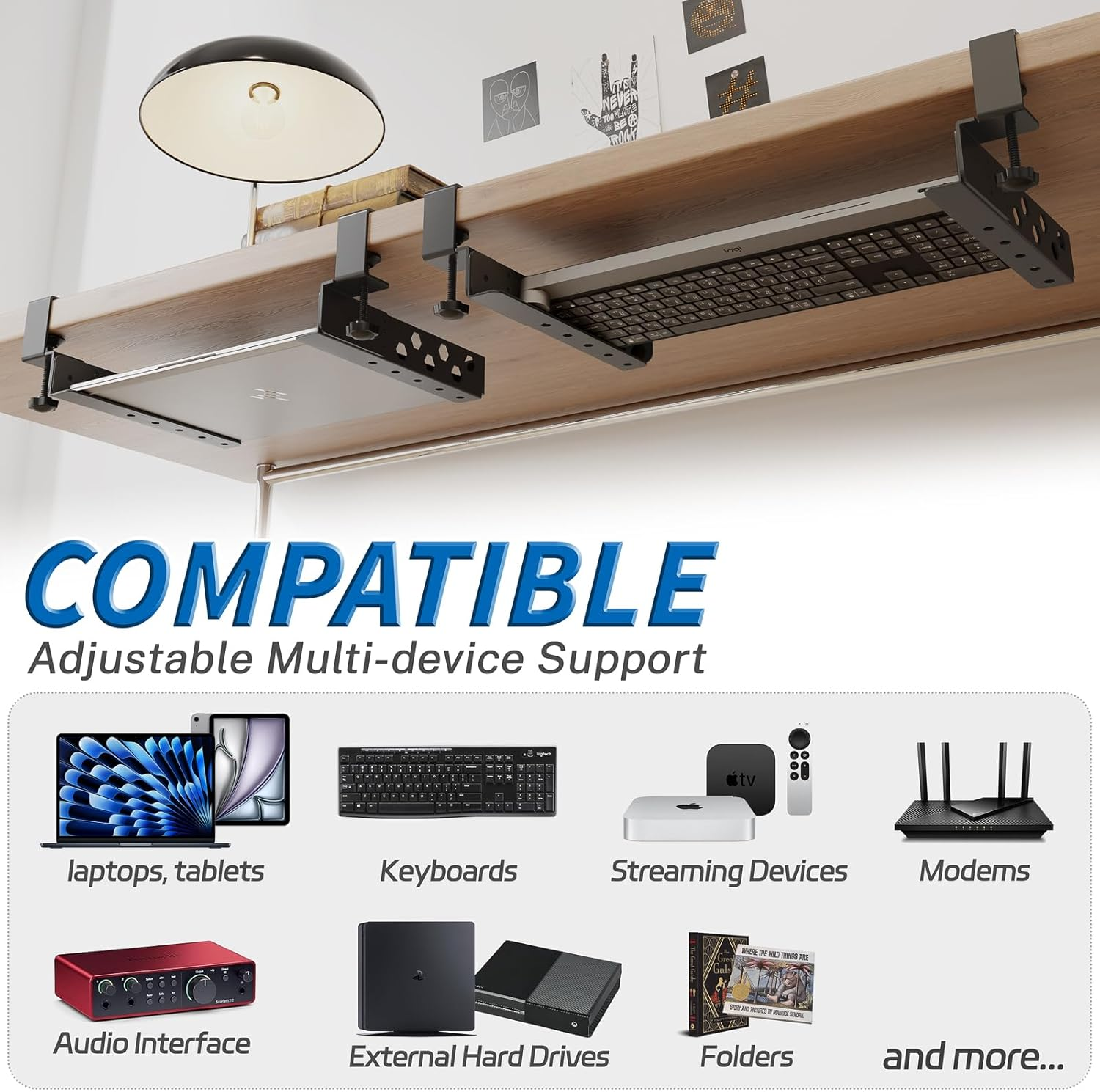 Verstellbare Halterung für Laptops, Tastaturen, Streaming-Geräte, Modems, Audio-Interfaces, Festplatten, Ordner.
