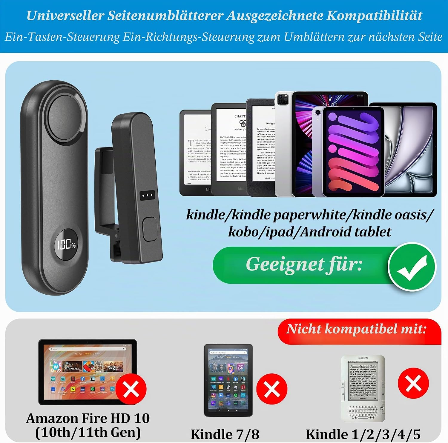 Ein Seitenumblätterer und Tablets: kompatibel mit Kindle, Kobo, iPad, Android. Nicht mit Kindle 1-8.