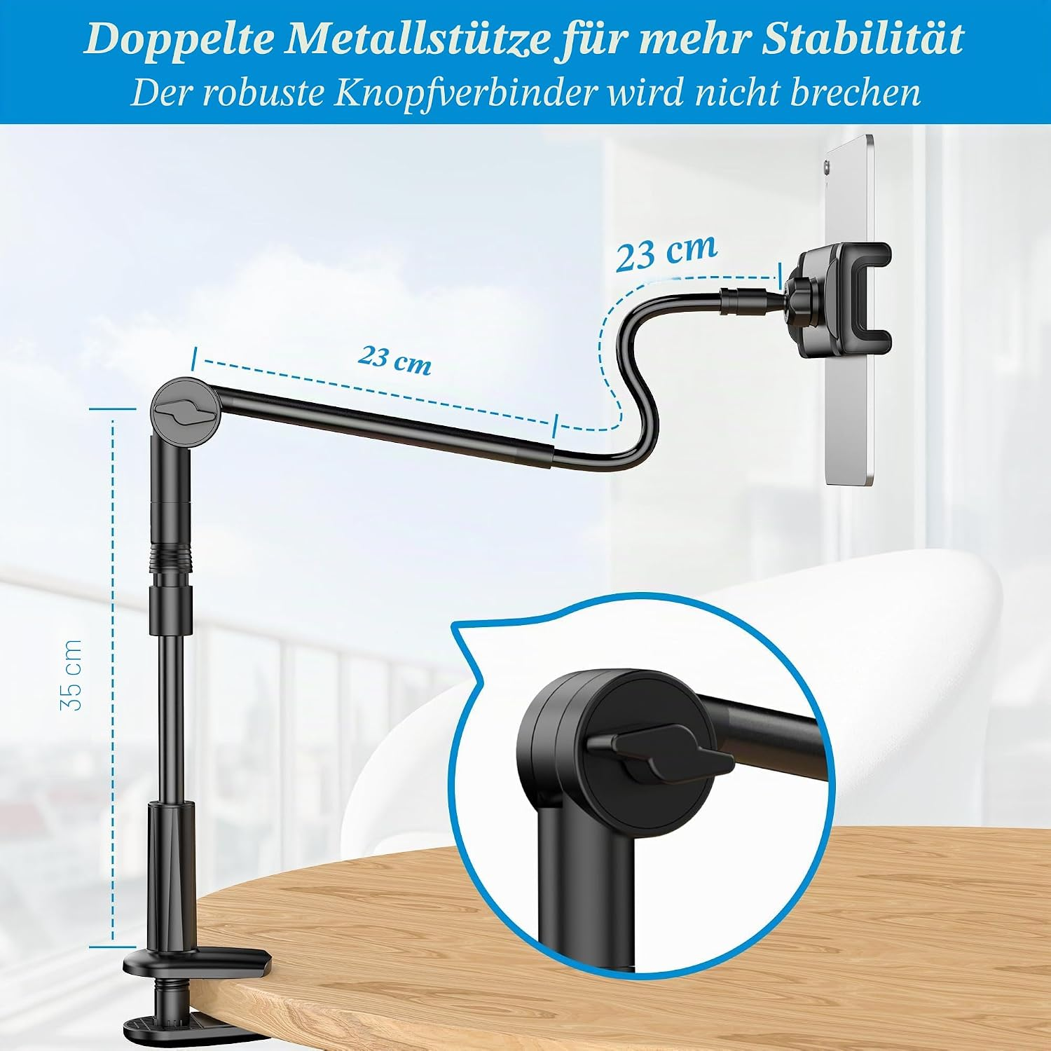 Ein schwarzer Tischständer für ein Handy mit verstellbarem Arm und Klemme.