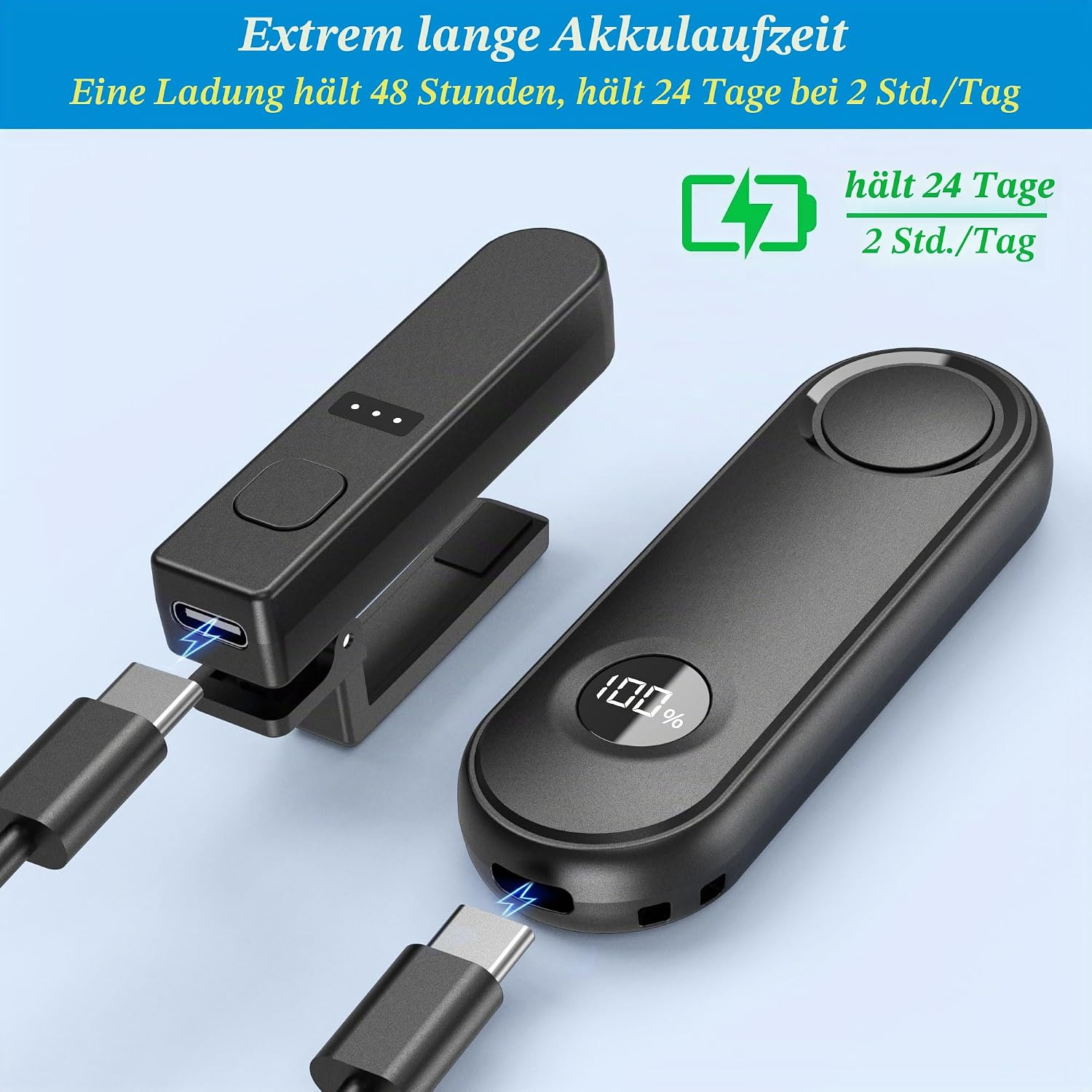 Zwei schwarze elektronische Geräte mit USB-C-Kabeln verbunden, eines zeigt 100% an.