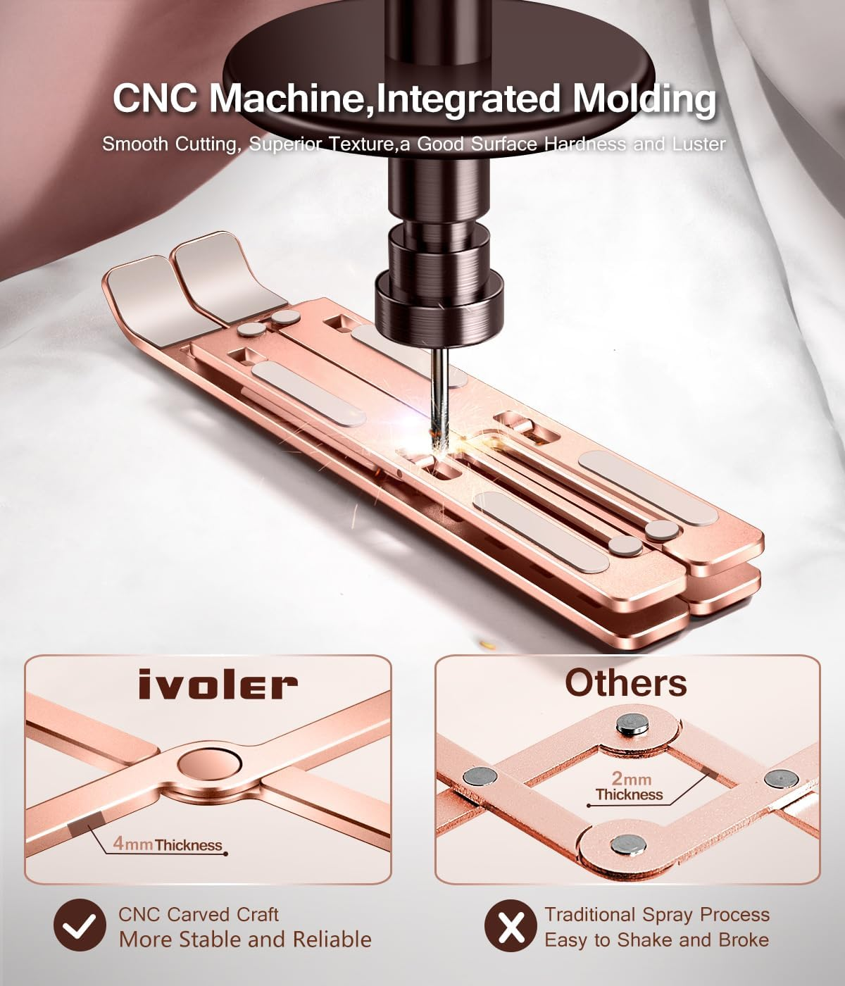 CNC-Maschine zeigt einen roségoldenen Laptopständer, Vergleicht 4mm vs. 2mm Dicke.