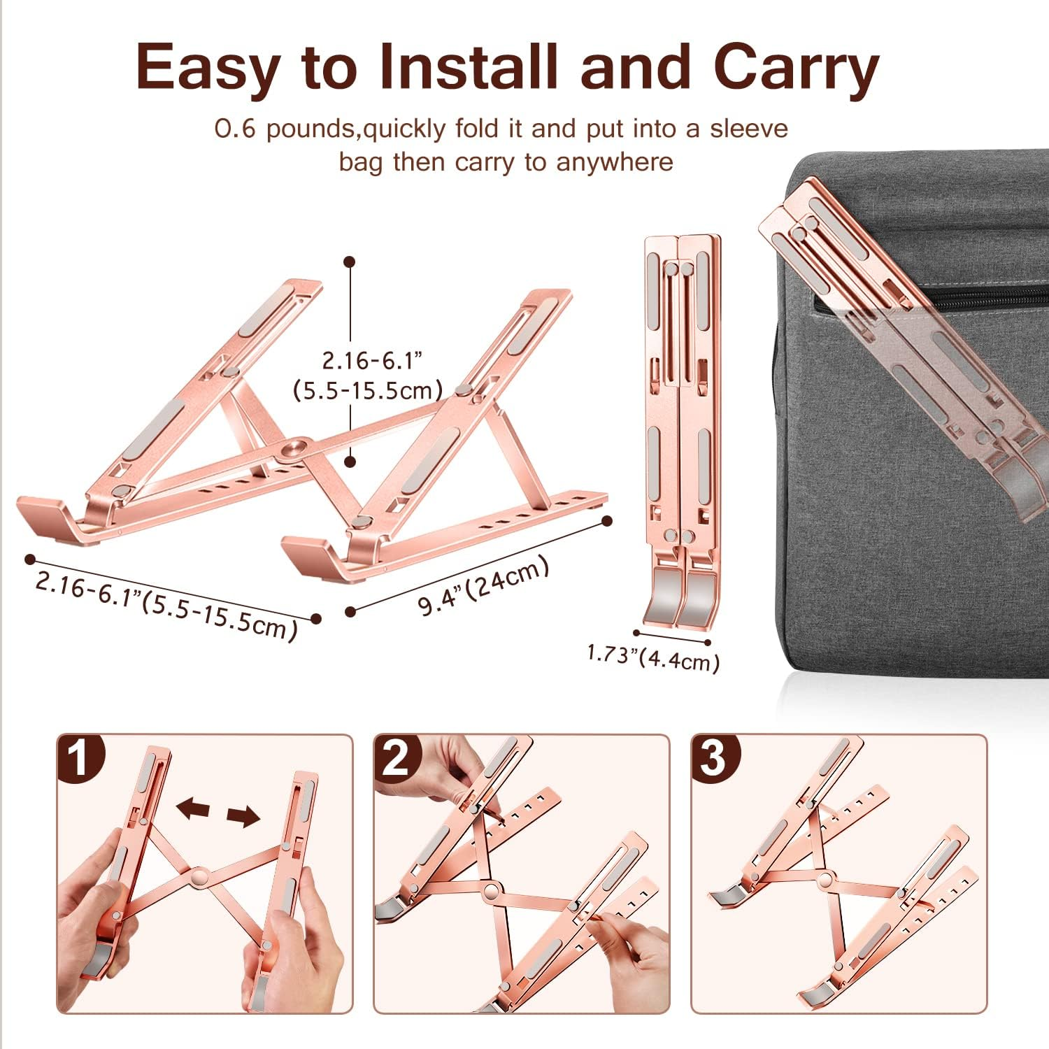 Ein roségoldener Laptop-Ständer, zusammenklappbar, mit Anleitung und Tasche.