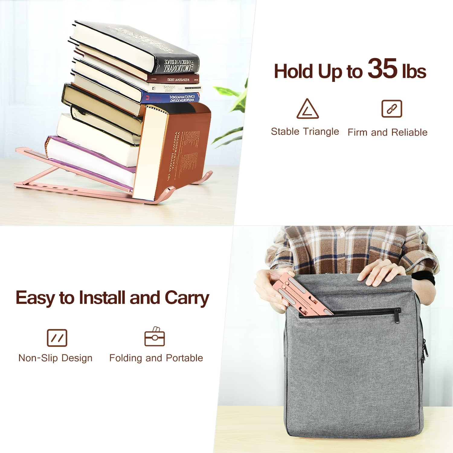Ein rosafarbener Buchständer mit Büchern und einer Tasche.