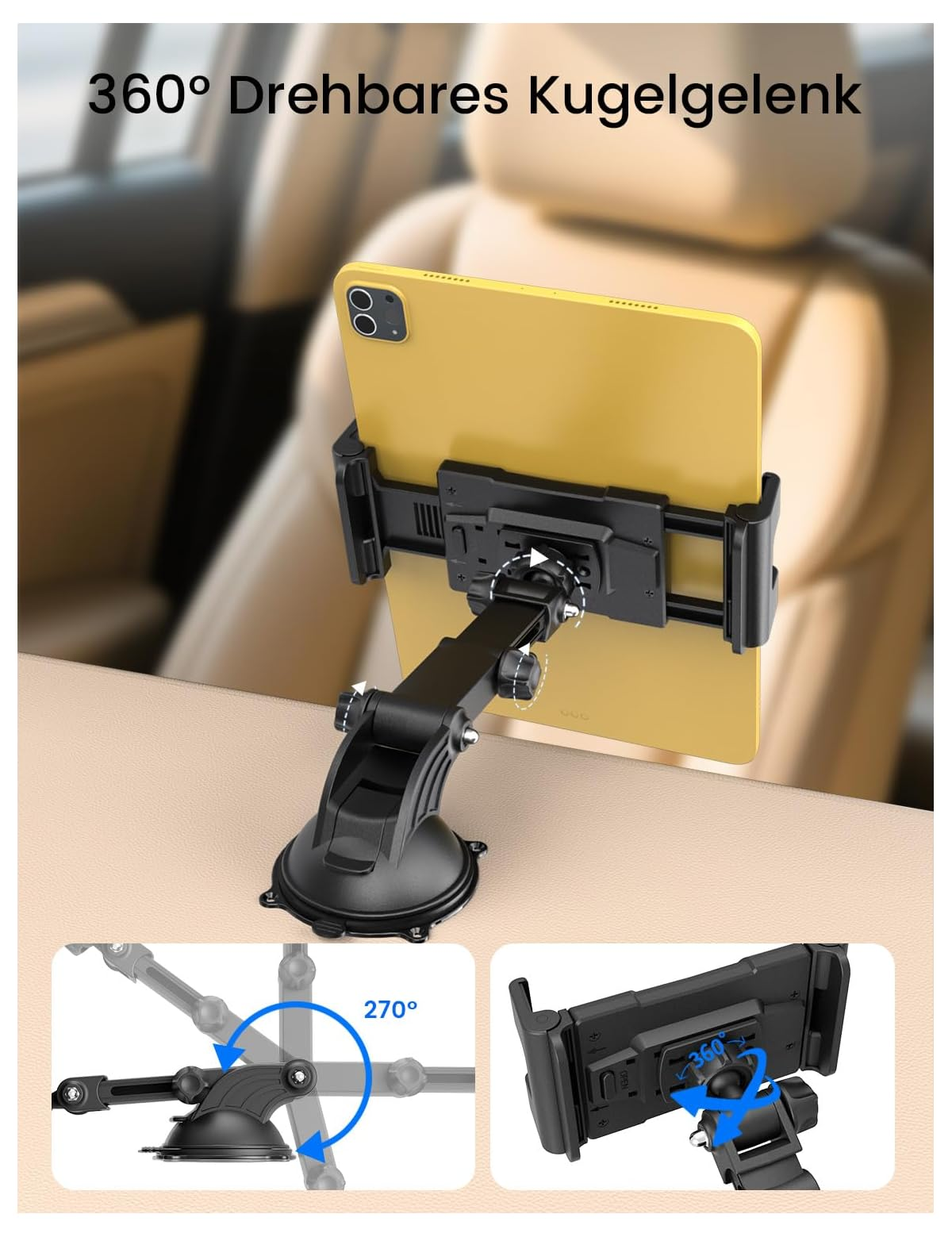 Gelbes Tablet in Auto-Halterung mit 360-Grad-Kugelgelenk an Armaturbrett.