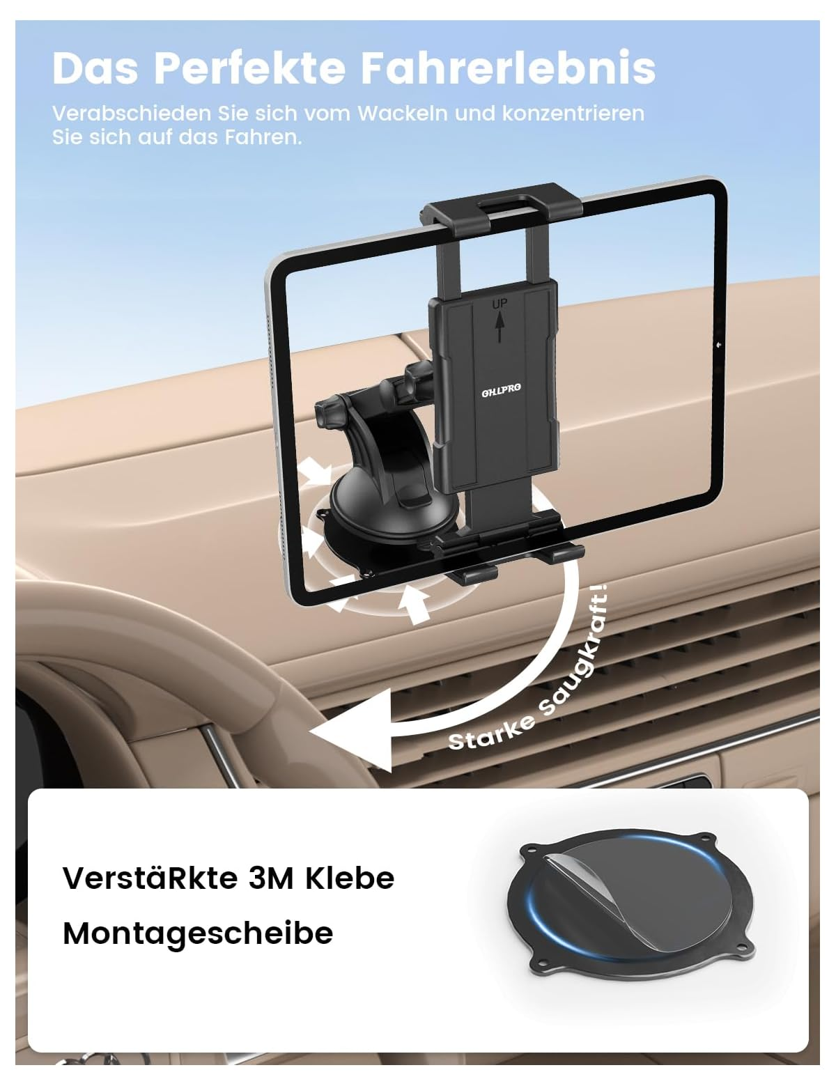 Ein Handyhalter mit starkem Saugnapf und 3M Klebescheibe ist im Auto befestigt.