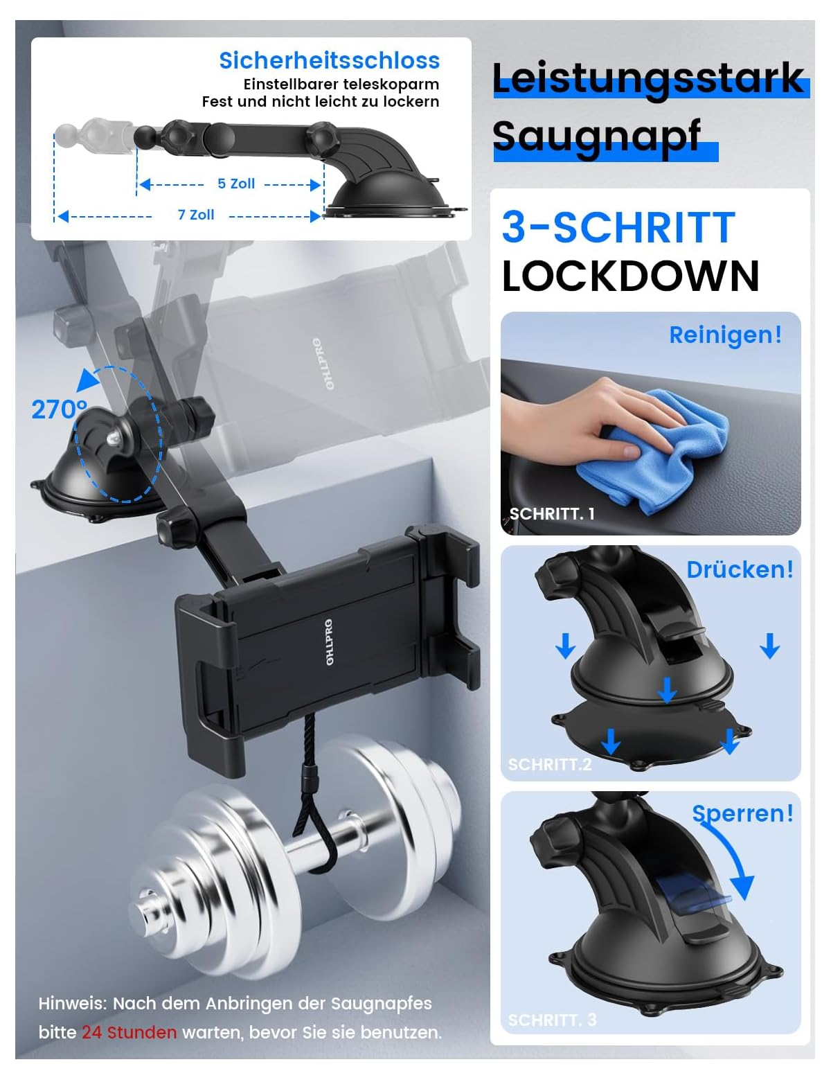 Ein verstellbarer Saugarm hält ein Handy und zeigt 270° Drehung und ein Gewicht.