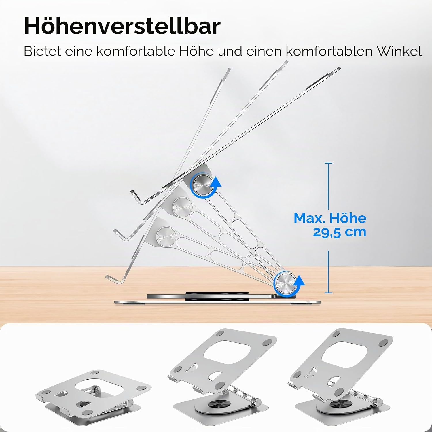Ein silberner Laptopständer mit einstellbarer Höhe und Winkel.