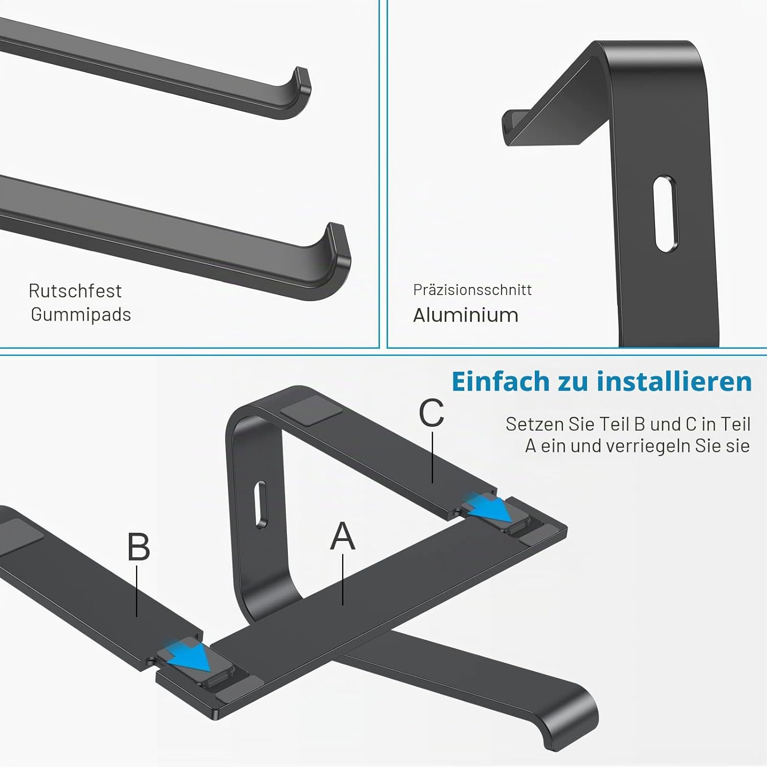Ein faltbarer Laptopständer aus Aluminium mit Gummipads und Montageanleitung.