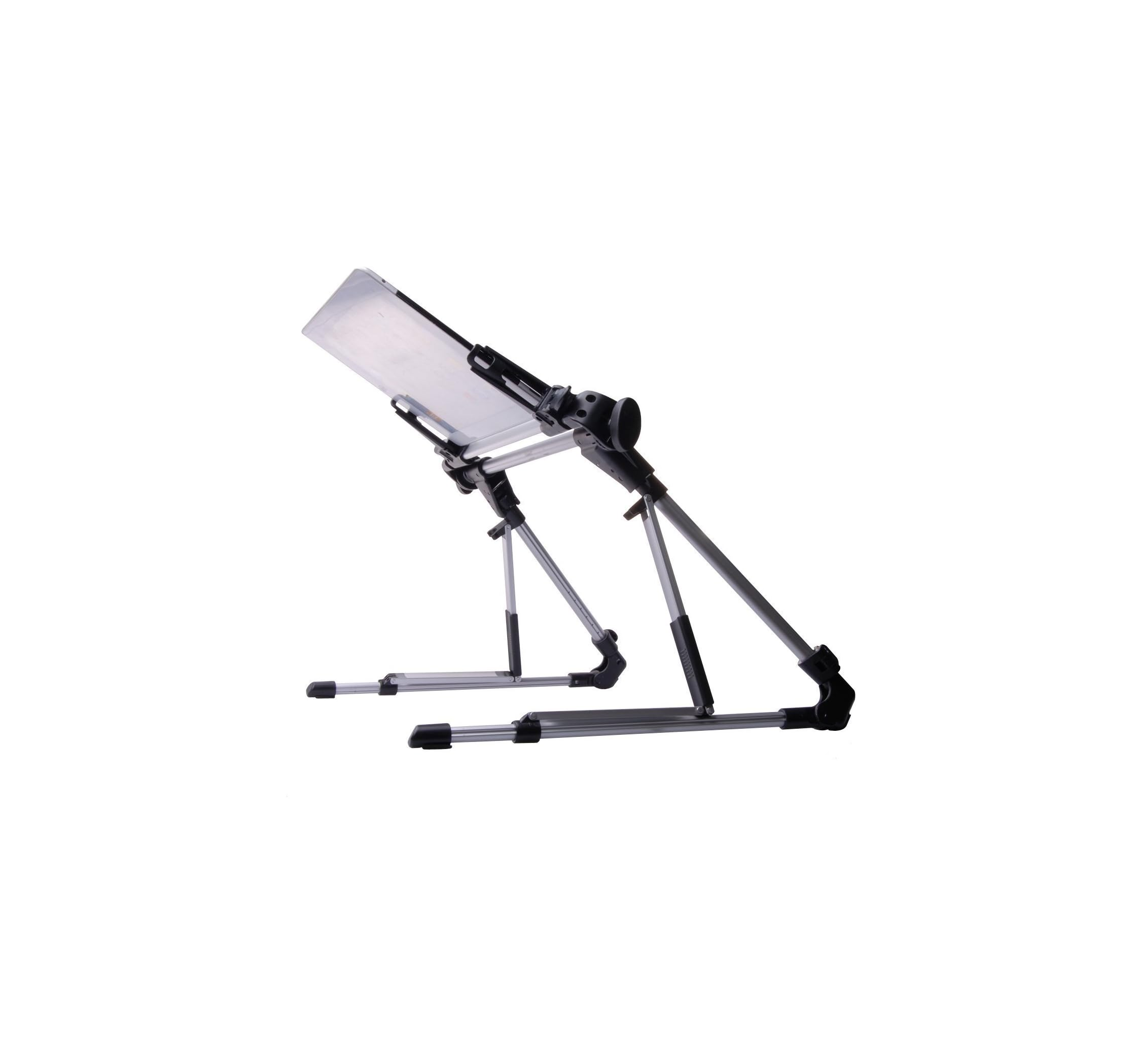 Ein verstellbarer Laptopständer aus Metall mit schwarzen Gelenken.