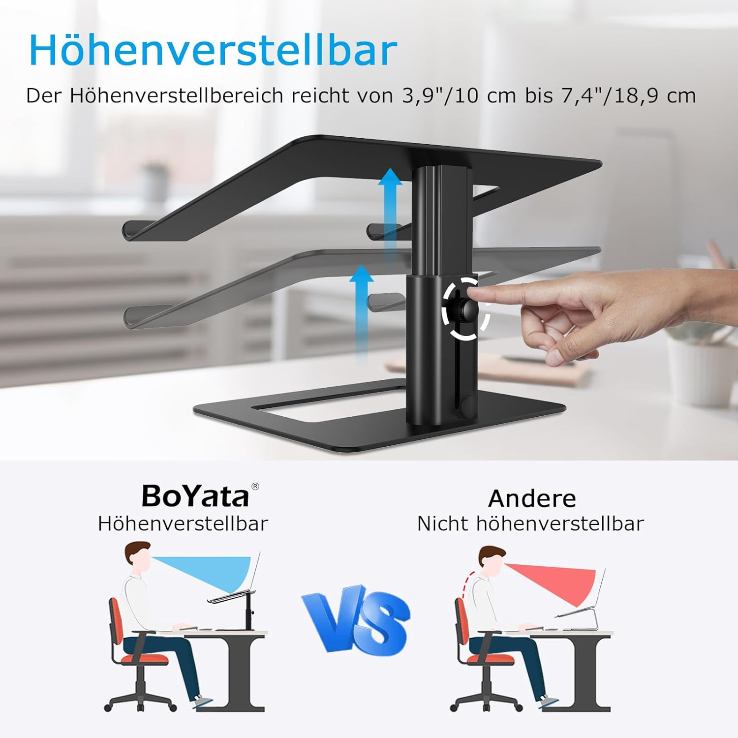 Ein höhenverstellbarer Laptopständer wird gezeigt. Verstellbereich: 10-18,9 cm.