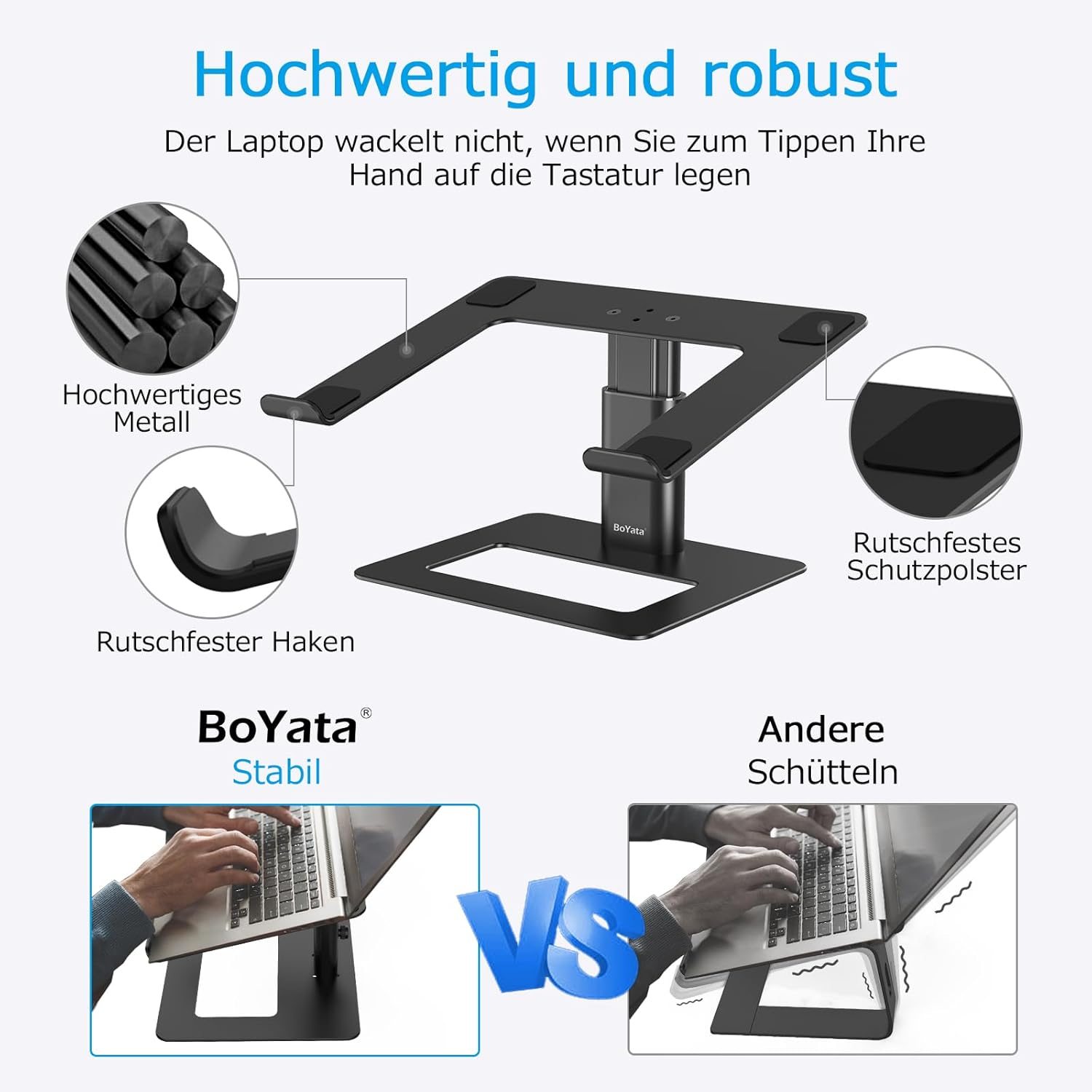 Ein schwarzer Metall-Laptopständer mit detaillierten Nahaufnahmen von Metall, Haken und Polstern.