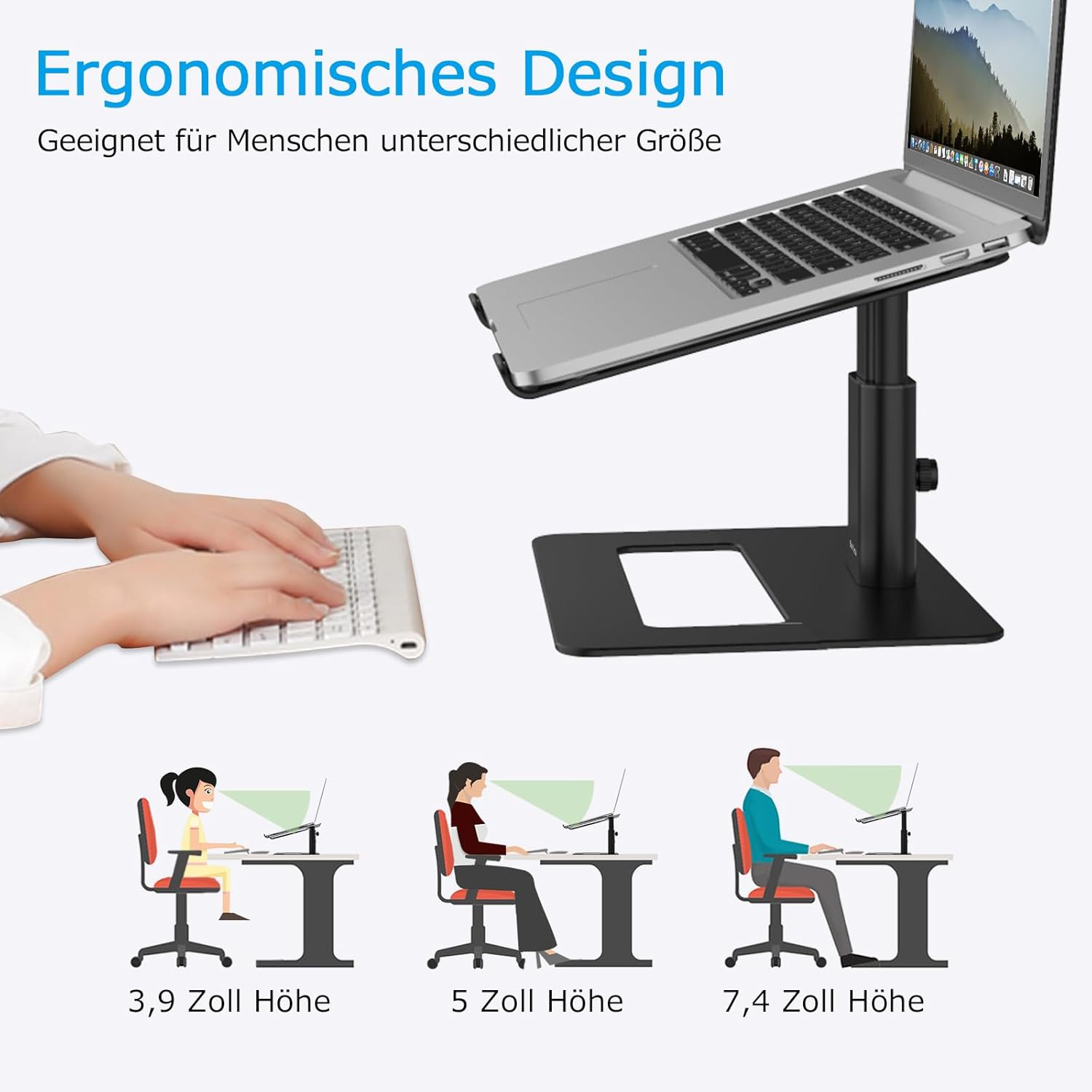 Laptopständer mit verstellbarer Höhe und drei ergonomischen Sitzpositionen.