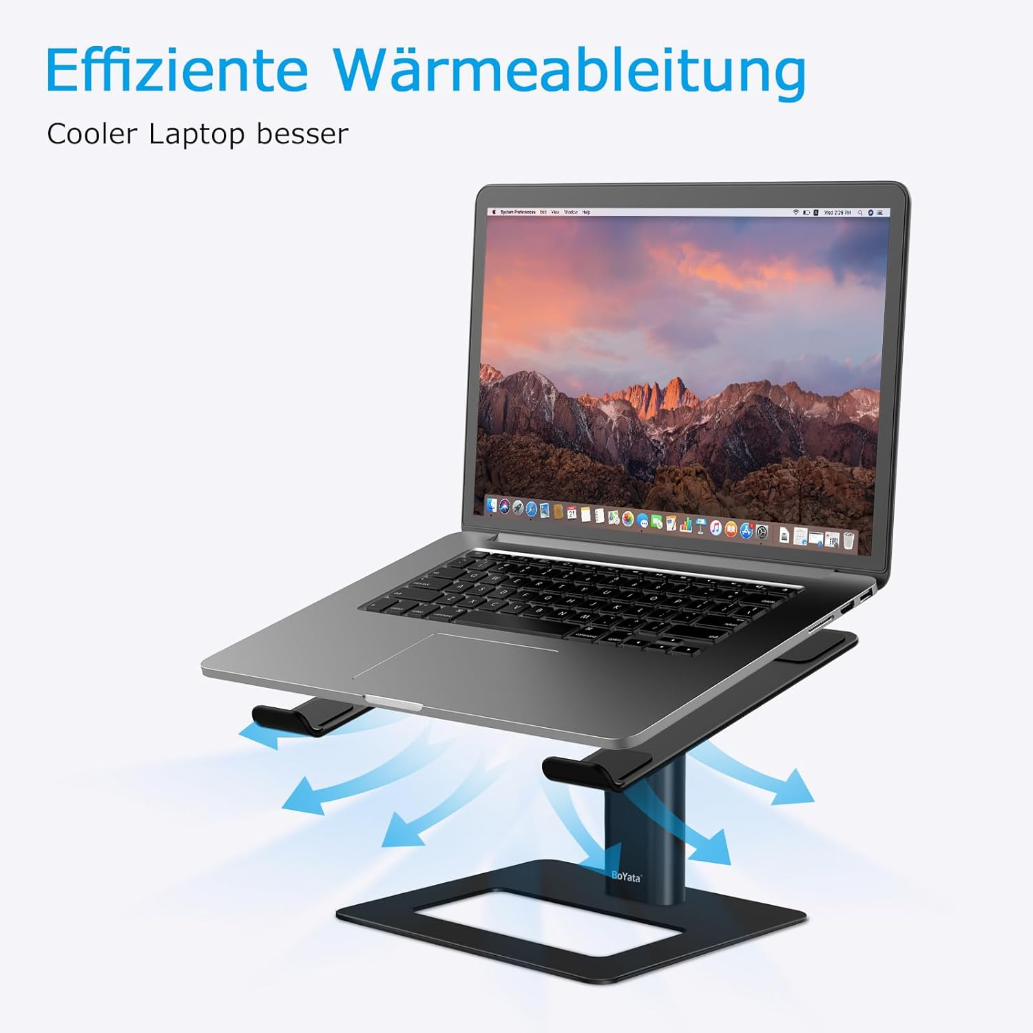 Ein Laptop steht auf einem Ständer, der Wärmeableitung symbolisiert.