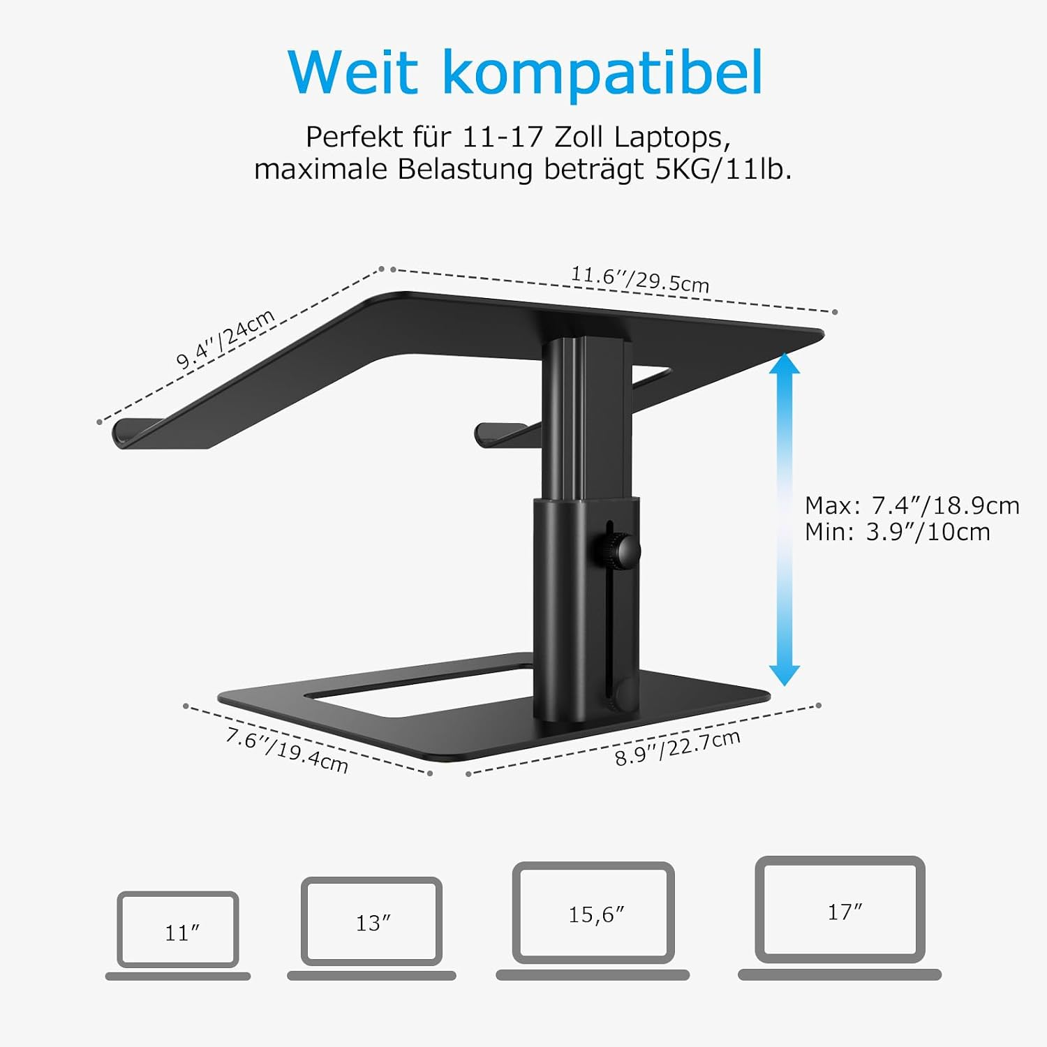 Ein schwarzer Laptopständer mit Maßen und Kompatibilitätshinweisen für Laptops.