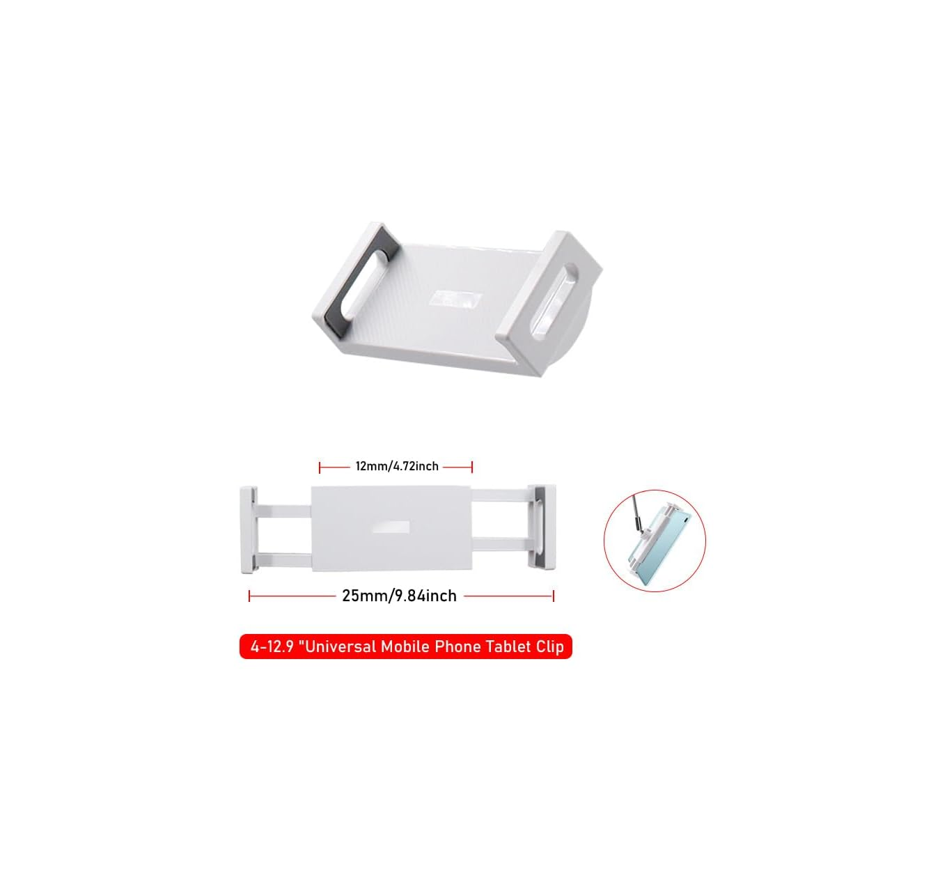 Ein weier Handy-/Tablet-Clip mit Maangaben.