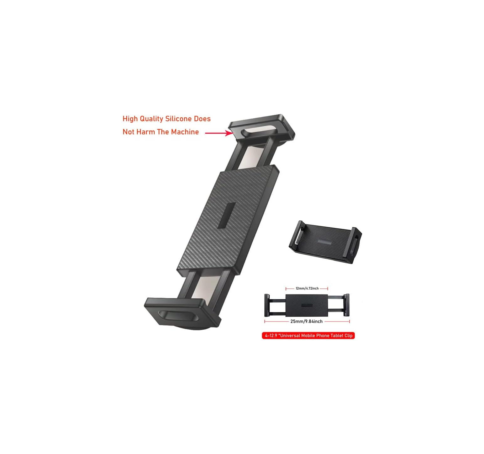 Ein schwarzer Handy-/Tablet-Clip mit Maßangaben.